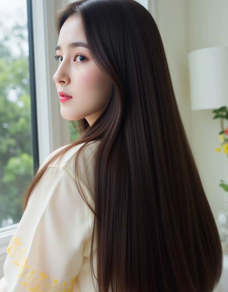 highest quality、High resolution、quiet、Silence、woman、one person、long hair、Straight Hair、Brown Hair、Shiny hair、Long sleeve、White wall、Backwards、Back view、No camera look、₍ Buckshot 1.5₎