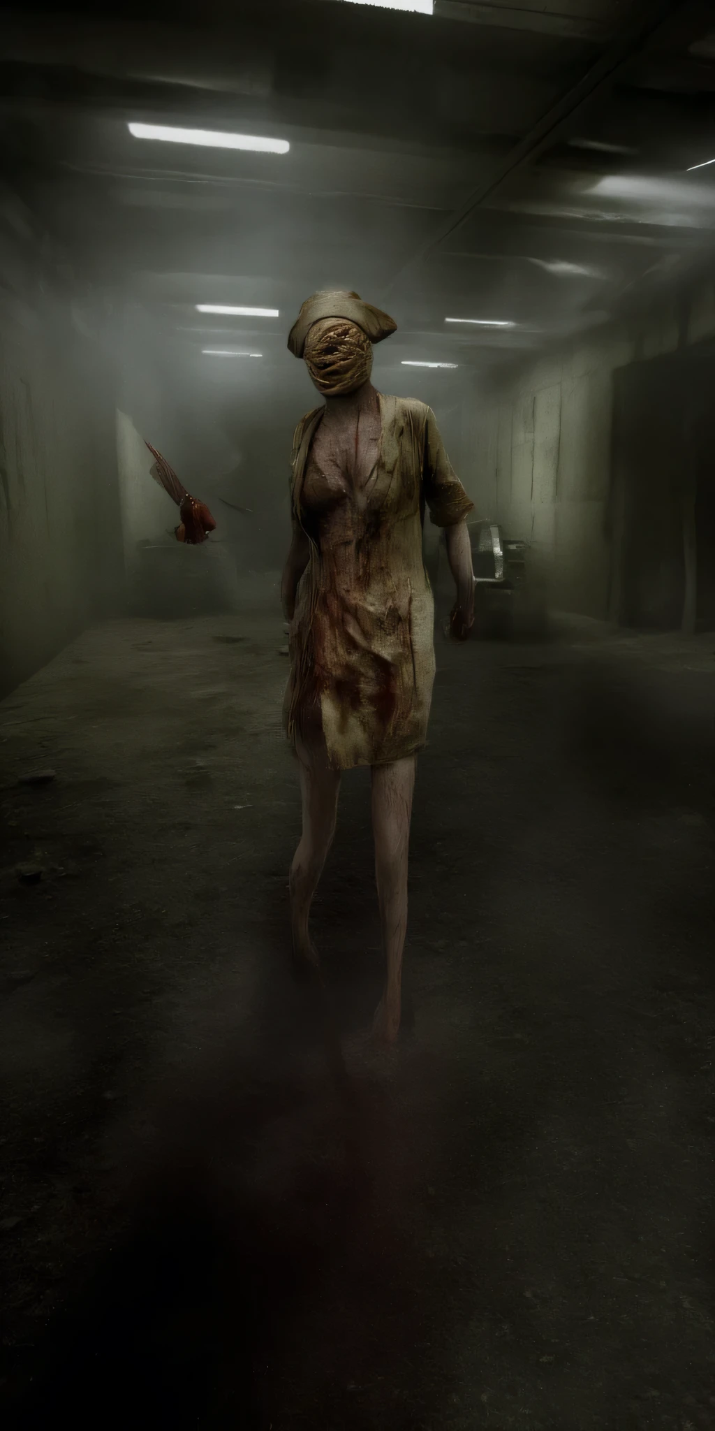 A Silent Hill nurse with a bandaged head and distorted face stands in a dimly lit hospital corridor. Blood-stained uniform with ripped fabric revealing grotesque flesh underneath. Holding a rusty scalpel dripping with dark liquid. Flickering fluorescent lights cast eerie shadows. Heavy fog creeping along the floor. Abandoned medical equipment scattered around. Walls peeling with decay. Photorealistic horror, extreme detail, unsettling atmosphere, cinematic lighting, 8K resolution, dark surrealism