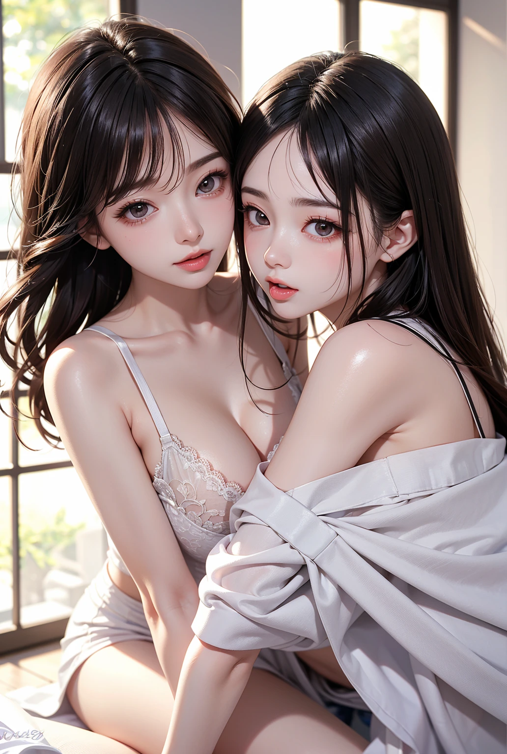 Best quality,Amazing,Masterpiece,Delicate,超高分辨率,Ultra detailed,intricately details,Beautiful detailed,8K resolution,(Extremely detailed Cg Unity 8K wallpaper),Sharp focus,((No text)),breast conscious,Huge  breasts,Areola bareness,Bare  explode,Lively  breasts,Bare breasts,High transparency and transparency of  tearing，，Tongue stock,Makeup,Happy,Reflectors,ahegao,Pink eyes,Heart earrings,2girls,Female pervert,view the viewer,hair flower,Long hair,multicolored hair,Shiny hair,Barefoot,Bottomless,Thick thighs,Bare legs,Look at each other from the front、((Feminine kiss))、(((French kiss for women)))、Women hugging each other，As if pushing each other、Staring at each other、Moist eyes、half-open lips、Beautiful、Red blush(0.2)、Functional、seductiv、Trance、instigate、Beauty、bustup、Shunguang、、Shoot diagonally down from the front、precise drawing、Detailed drawing、Precise 、