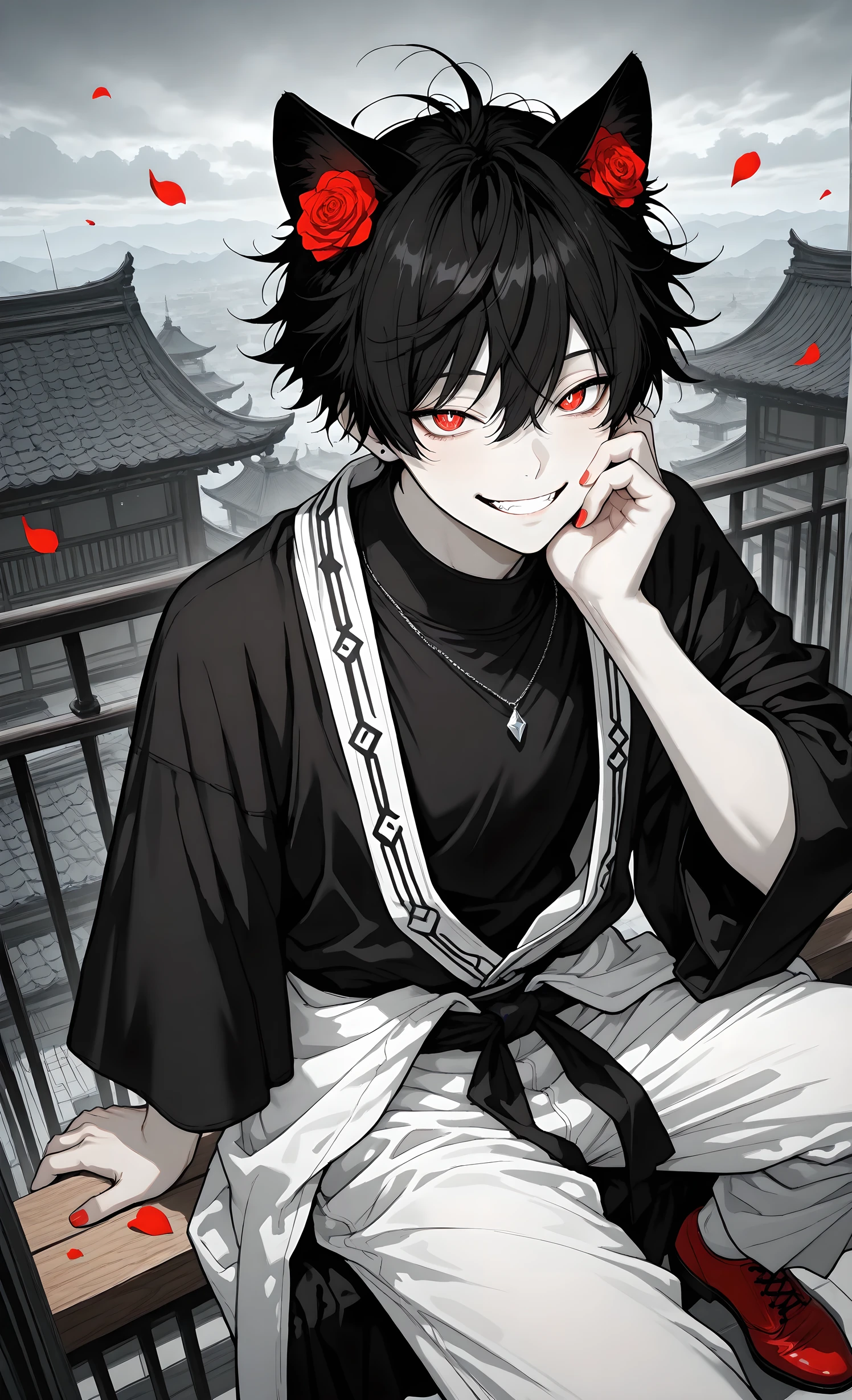 ultra-detailed, high detail, best quality, masterpiece, sharp focus, detailed shadows, vivid colors, high resolution, anime art, 1male, solo,
a young Asian-appearing male with black messy hair, red cat ears, pale skin, flushed cheeks, reddish eyes with lighter pupils, subtly seductive expression with a hint of a smile,
wearing a flowing white robe with red accents and black trim, loose white pants, red shoes, a black patterned sash around his waist, a high-collared buttoned black shirt, delicate jewelry, long red nails,
casually sitting on a wooden railing, gently touching his cheek with one hand,
background is a partly cloudy sky with scattered red rose petals falling from above, rooftop or balcony overlooking traditional architecture, historical fantasy context,
soft diffused lighting, serene atmosphere, anime-inspired art style