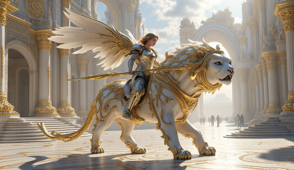 a fierce lioness warrior goddess, goddess sekhmet, pale skin, powerful goddess of war, healing and destruction, photorealistic, gold and turquoise headdress, piercing blue eyes, regal expression, intricately detailed ornate armor, flowing red hair, muscular feline body, large wings, mystical aura, volumetric lighting, glowing energy, vibrant colors, 8k, hyper detailed