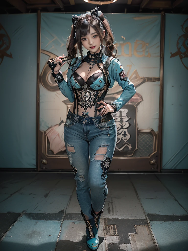 (Beautiful lips and nose:1.4)、(Long eyelashes:1.4)、(Smiling with teeth showing:1.3),(Shibuya Gal:1.5)、(Goth delicate embellished dress:1.5)、(Tattered denim and black punk rock cargo pants:1.5)、(Denim and black navy skull mark small jacket:1.4)、(denim garter belt:1.5)、(Black and denim knee socks:1.3)、(Skull Silver Accessories:1.5)、(Denim collar:1.3)、(Brown Skin Belt:1.4)、(Brown boots:1.2)、(The  is striped:1.4)、31 years old、((Highest quality、In 8K、masterpiece:1.3))、Sharp focus:1.2、(Layered Cut、Huge boobs:1.1),Beautiful woman with perfect figure:1.4、(Dancing vigorously:1.3)、Slender Abs:1.2、Highly detailed face and skin texture、Detailed eyes、double eyelid,(Twin tails:1.3)、(Brown-golden hair:1.3)、Gravure idol、(The background is a vast mountain with a clear view々Beautiful luxury resort destination in Europe:1.3)、(Slim Body:1.2),(Make your legs thinner:1.4),(clavicle:1.1)