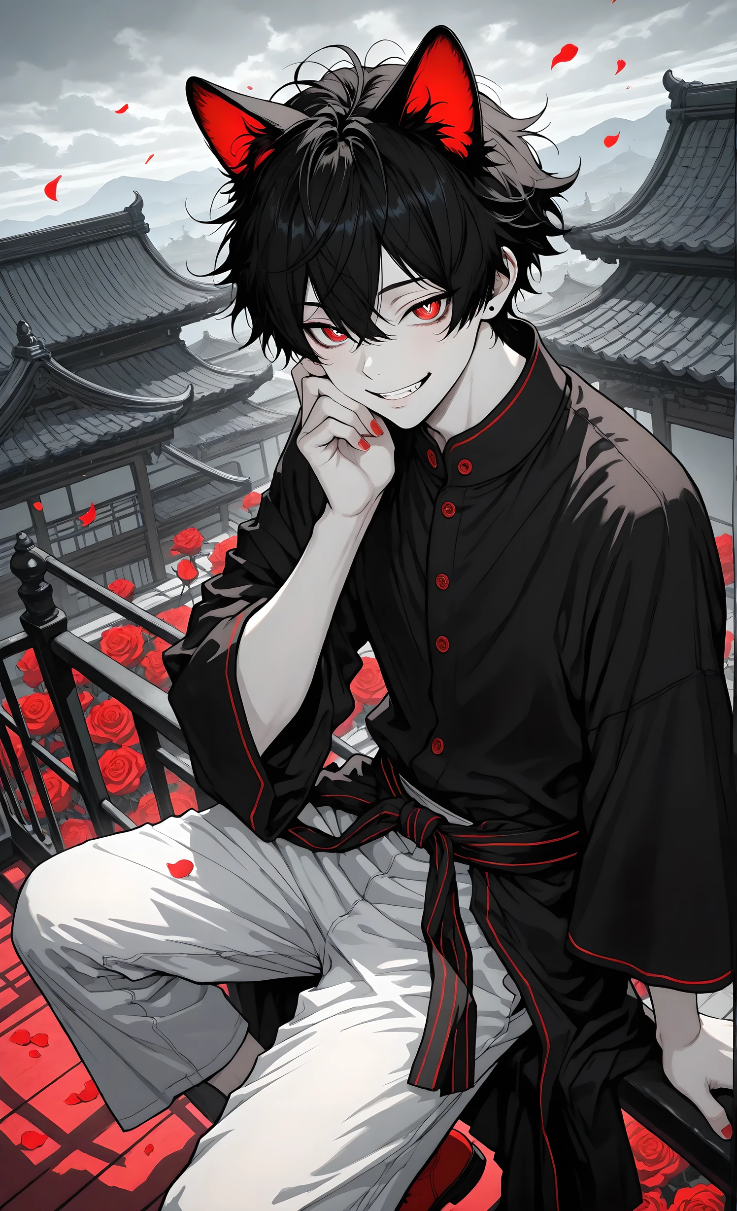 ultra-detailed, high detail, best quality, masterpiece, sharp focus, detailed shadows, vivid colors, high resolution, anime art, 1male, solo,
a young Asian-appearing male with black messy hair, red cat ears, pale skin, flushed cheeks, reddish eyes with lighter pupils, subtly seductive expression with a hint of a smile,
wearing a flowing white robe with red accents and black trim, loose white pants, red shoes, a black patterned sash around his waist, a high-collared buttoned black shirt, delicate jewelry, long red nails,
casually sitting on a wooden railing, gently touching his cheek with one hand,
background is a partly cloudy sky with scattered red rose petals falling from above, rooftop or balcony overlooking traditional architecture, historical fantasy context,
soft diffused lighting, serene atmosphere, anime-inspired art style