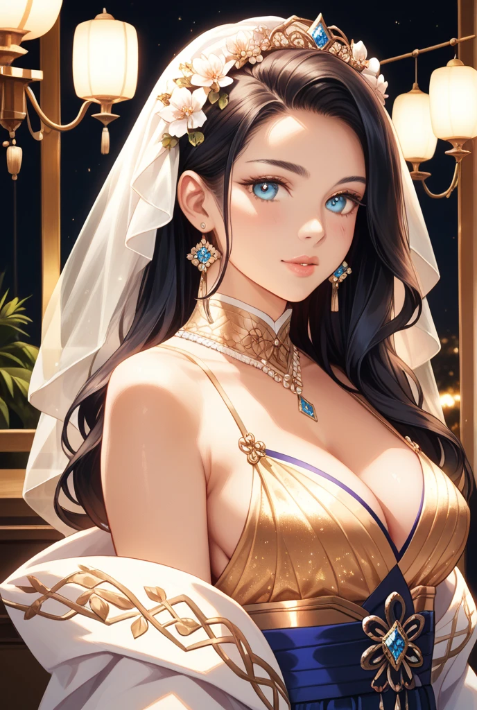 ((Masterpiece, top quality, high resolution)), ((highly detailed CG unified 8K wallpaper)), (huge stunning goddess shot, so hot and , jaw dropping beauty, perfect proportions, beautiful body, slim body beauty:1.3), Desert princess, Arabian Nights scene, fantasy, wearing veil and harem dancer costume, ancient Persian royal palace, luxurious bedroom, lying in bed, Lamp light in a dark bedroom, long dark hair, almond eyes, see-through costume is dominated by wind,