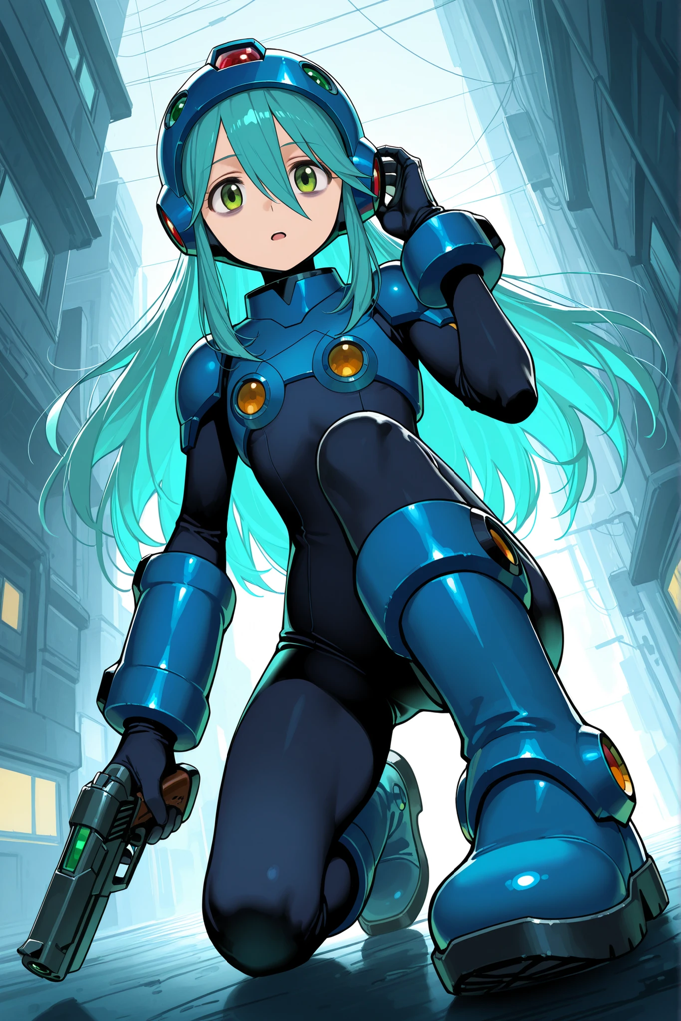 1girl, solo, character focus, close to viewer, full body, from below, dutch angle, dynamic angle, {cyber-space}, cyber-city, one hand on own ear, on one knee, The right forearm is a gun, rockman-style suit, shoulder protector, rockman-style head parts, (helmet), rockman-style arm parts, arm guards, glove, rockman-style leg parts, blue knee boots, open mouth, aqua hair, long hair, green eyes, tareme, bags under eyes, long bangs, flat chest, expressionless, soft lighting, high detail, anime style, {animated painting}, {{{{{five hand fingers}}}}}, {{{{{4fingers and 1thumbs}}}}}, {{{high resolution}}}, {{{best quality}}}, {{ultra-detailed}}, {illustration}, {{an extremely delicate and beautiful}},