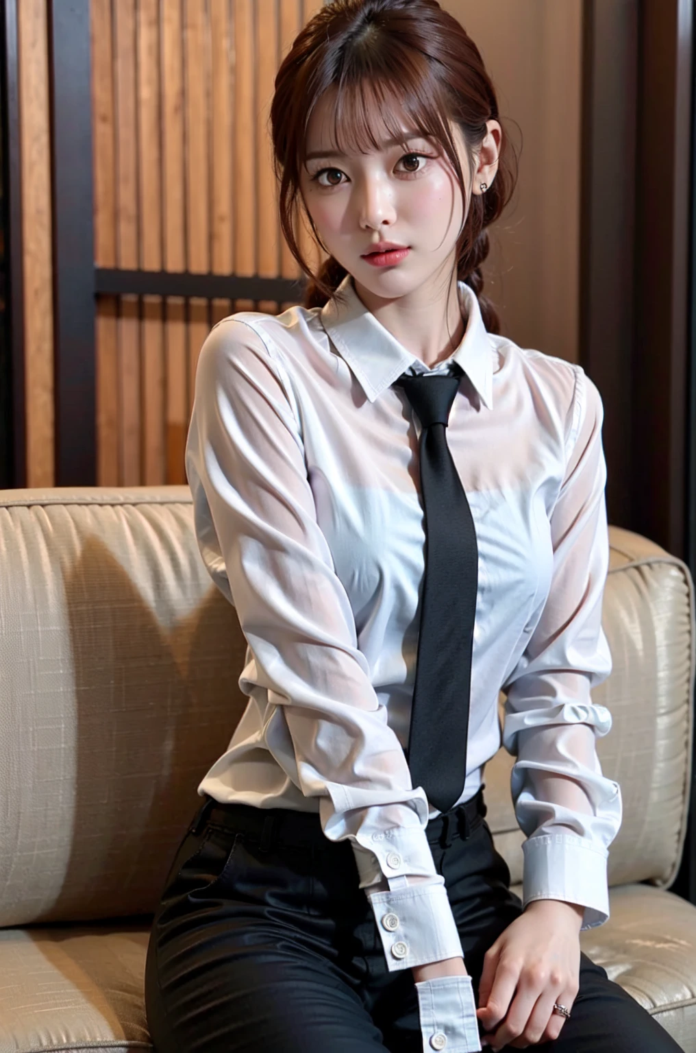   Impressive Pictures ,  adult vibe, (wlop:1.3),  elegant Japanese woman, slender,  sharp eyes, sweaty skin, Soft and delicate skin,
( smile, black collared shirt),
relax on the sofa , sitting with legs crossed,
high contrast, masterpiece , Super Detail , photorealistic, bokeh
