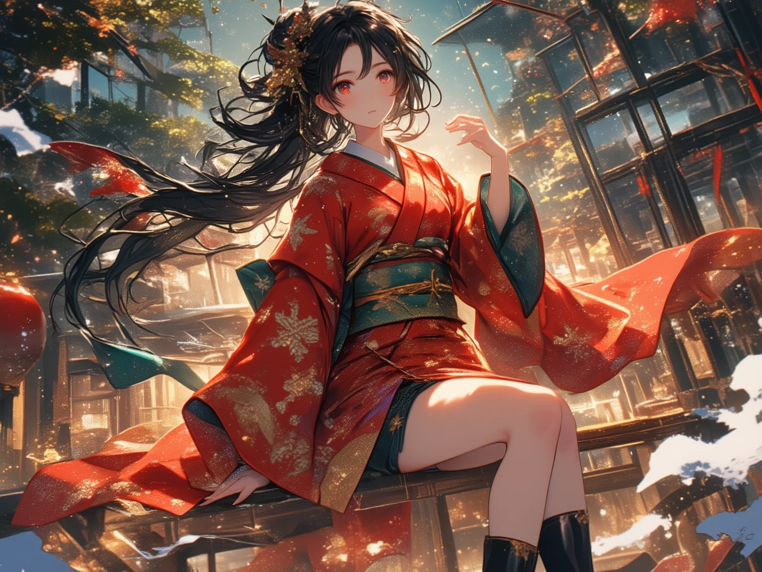Modern Japanese Style、I have a Christmas colored kimono、boots、long black hair、with a snowflake pattern、High Quality、high image quality、photorealistic、detailed details
