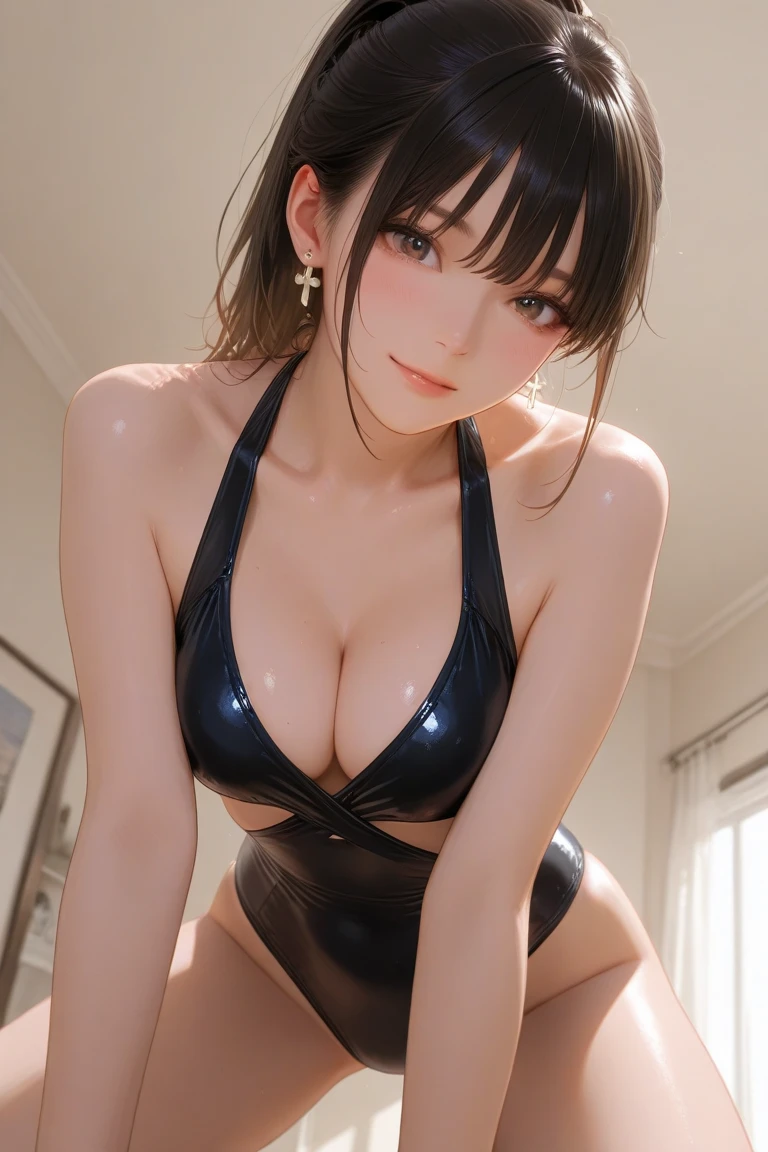 (Hyper-realistic)、(a picture)、(hight resolution)、(in 8K)、(ighly detailed)、(Best Illustration)、(Beautiful detailed eyes)、(top-quality)、(ultra-detailliert)、(Master masterpiece)、(wall-paper)、(Detailed face:1.4)、drooping eyes、full of sweat、Full-body close-up、short-length hair、inner colored、独奏、1 woman in Japan、22year old、(Armpit、hairarmpits)、(Straighten your back while raising your arms、Squatting and legs open、skinny thigh)、(Black High Leg One Piece Swimsuit:1.8、Black High Neck Swimsuit:1.8、See-through black swimsuit:1.8、Wet black swimsuit:1.8、very lowleg、Sweat、Shiny skin)、(Ahegao、red blush、Rolling eyes、put out the tongue、A detailed eye、二重まぶた、thin cheeks、 shinny skin、shiny small neck、shiny lip、lighting on the face)、Front photo、Cameltoe、Large breasts、(Covered_Nipples:1.6)