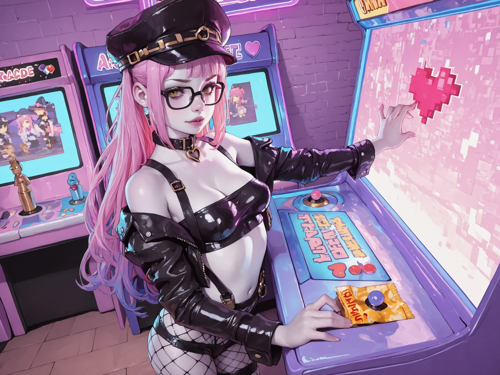 (((a girl reaches through an arcade cabinet screen to grab a pixelated heart, her hand becomes pixelated as she extends it into the game screen))), masterpiece, detailed_eyes, high_quality, best_quality, highres, absurdres, 8k, score_9, 1girl, young model, dimly lit arcade, arcade machines, rows of arcade cabinets, blacklight, ultraviolet glow, ((pale skin)), pastel pink hair, scene hairstyle, sweep-over hairstyle, hair with outward flips, pastel pink hair exterior, rainbow pastel inner hair dye, (long hair), slender body, narrow shoulders, medium breasts, large hipster glasses, large square glasses, ((dark gold eyes)), perfect eyes, ((e-girl)), (((arcade ticket stubs, ticket roll))), collar, neon colors, pastel colors, ((suspenders, pixel fishnet, pink fishnet)), tiny black latex shorts, tiny black latex tube top, (miniature black leather jacket), erotic, leather cap, newsy cap, vaporwave, slutty, super detailed skin, (as109), Faustsketcher