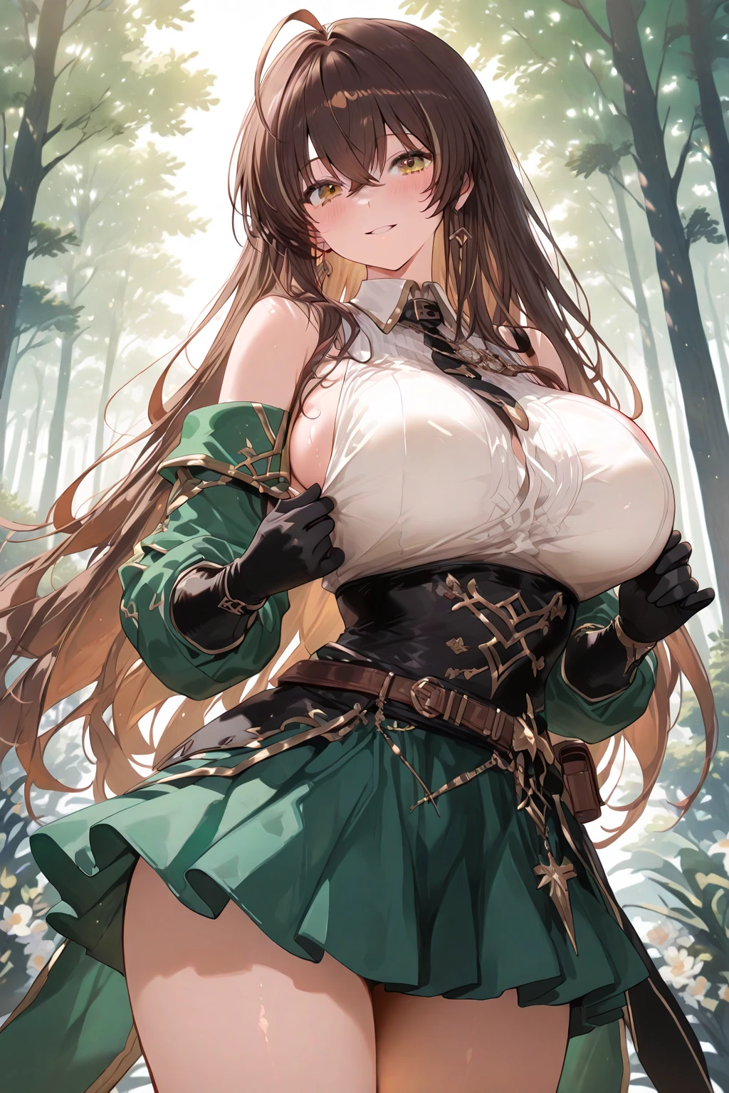 (Masterpiece: 1.5), (Best Quality: 1.5), Perfect Eyes, Perfect Face, Volumetric Lighting, 1 Woman, Mature Woman, (Whiteness: 5), fox ears, fox tail, dark brown hair, green eyes, long hair, high leg g string, corset, leather, massive breasts, massive cleavage, BDSM, submissive, blushing, thick thighs, wide hips,