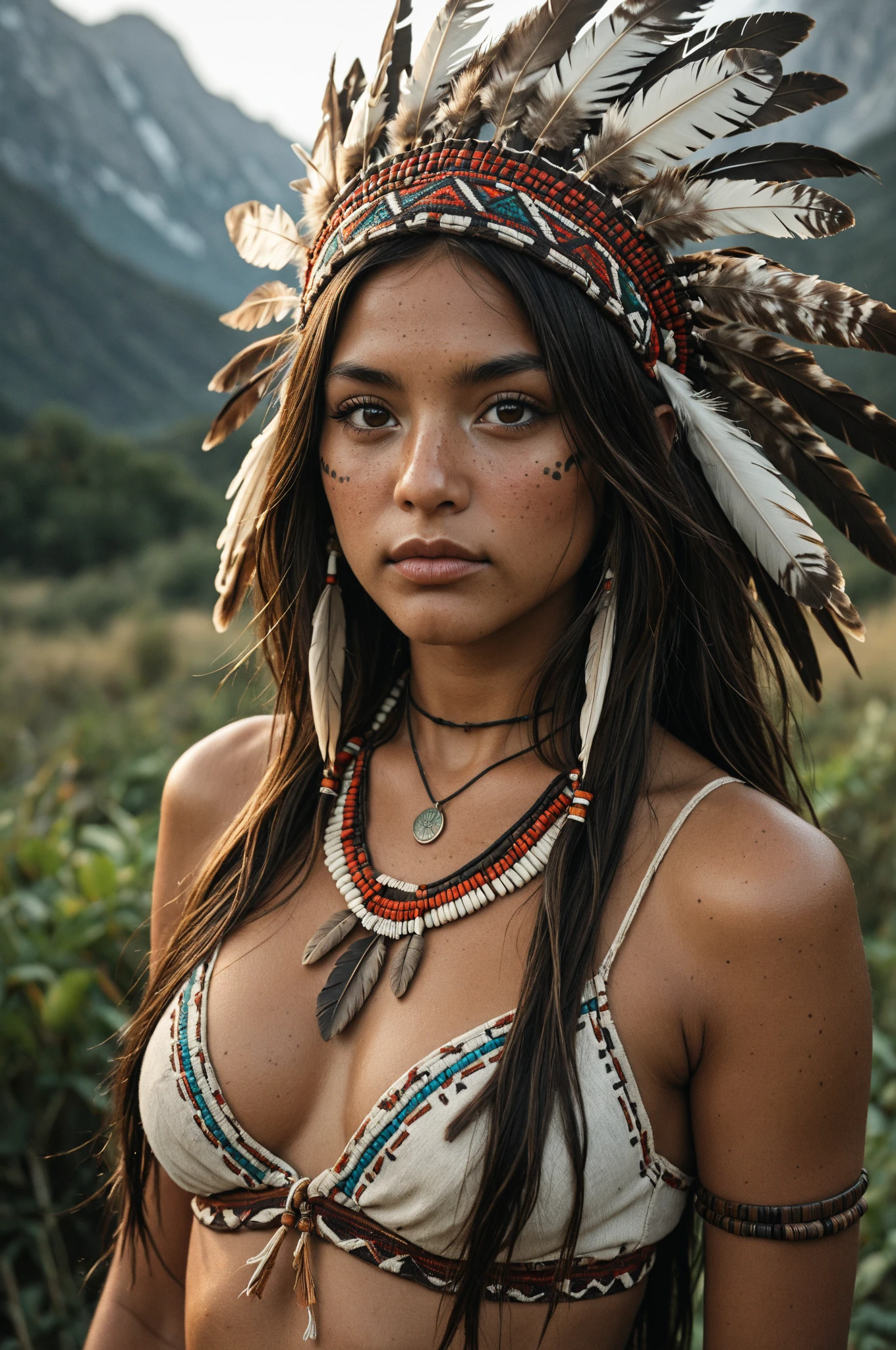 (Artwork, high quality, realistic, Ultra realistic, Remarkably high quality, photorealistic:1.5), perfect medium  breasts, , ,  sensual face,32DD, (((((realistic ravishing Native American indian 22-year-old female a  Tribal Bikini))))), Sensual, hot photo shoot, sharp focused on, detailed, realistic, high definition, studio lighting, , Attractive, , Standing facing the viewer with hands to the side, beside outdoors, Forested area, Near grassy area with sunset in the background, recurve bow and arrow quiver, War paint, her name is Ahote Redfeather Whitecloud, View of  upper body with body paint, Headdress feather