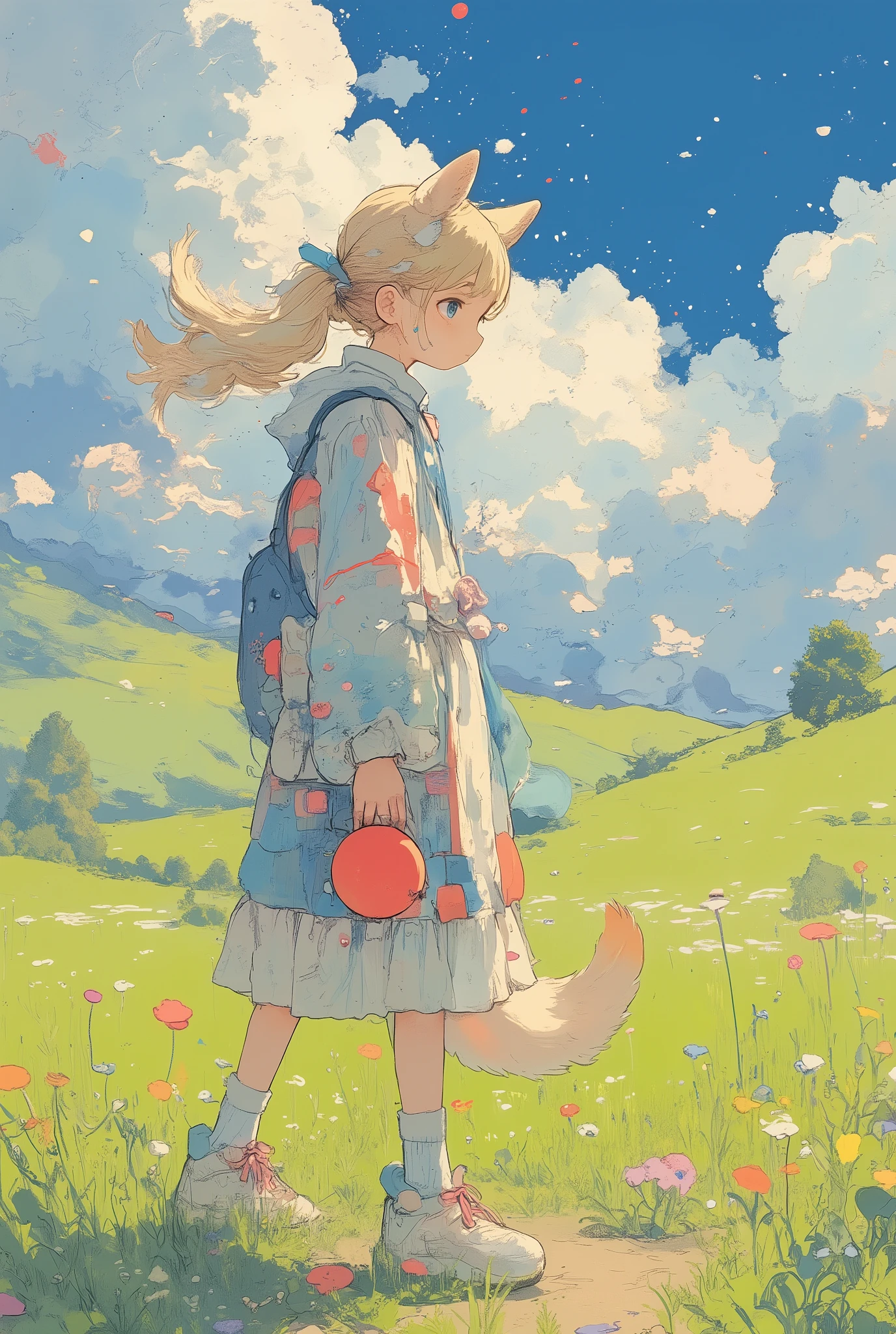 (masterpiece, best quality, ultra-detailed, 8k resolution),
1girl, solo, animal humanoid, kemonomimi,
loyal and energetic personality,
fluffy golden retriever-colored hair in ponytail with playful bounce,
((dog ears, fluffy dog tail)),
holding a red ball toy,
wearing sporty-casual dress with paw print patterns,
dynamic playful pose with one leg slightly raised,
a girl in a side-facing pose, profile view, looking away from the viewer, her gaze directed toward the distant meadow, standing in a vast green field, expressive wind-swept grass, softly rolling hills, dramatic fluffy clouds in a deep blue sky, background with hand-painted textures, gentle warm sunlight, soft rim light on her silhouette, natural breeze moving her hair and clothing, serene and cinematic atmosphere,
wide-angle horizontal composition, panoramic landscape framing