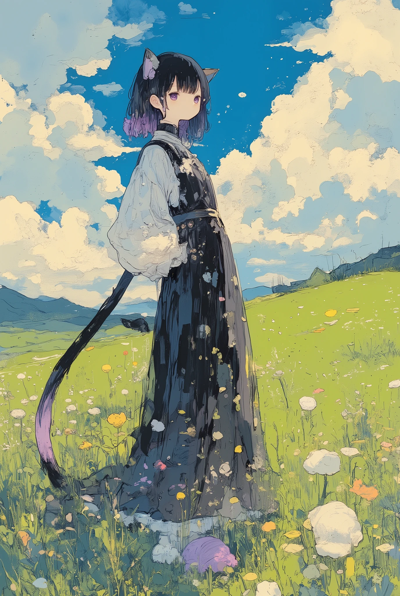(masterpiece, best quality, ultra-detailed, 8k resolution),

1girl, solo, animal humanoid, kemonomimi,
elegant and mysterious personality,
silky black hair with subtle purple sheen, styled in a sleek bob,
((cat ears, long graceful cat tail)),
holding a ball of yarn,
wearing sophisticated dress with soft fur trim,
graceful stretching pose with arched back,

a girl in a side-facing pose, profile view, looking away from the viewer, her gaze directed toward the distant meadow, standing in a vast green field, expressive wind-swept grass, softly rolling hills, dramatic fluffy clouds in a deep blue sky, background with hand-painted textures, gentle warm sunlight, soft rim light on her silhouette, natural breeze moving her hair and clothing, serene and cinematic atmosphere,
wide-angle horizontal composition, panoramic landscape framing
