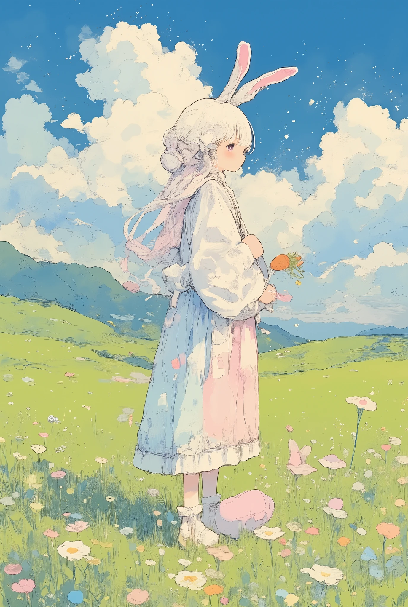 (masterpiece, best quality, ultra-detailed, 8k resolution),

1girl, solo, animal humanoid, kemonomimi,
gentle and timid personality,
soft white fluffy hair in twin buns with pink highlights,
((long rabbit ears, small fluffy rabbit tail)),
holding a fresh carrot,
wearing a pastel dress with ribbon details,
shy pose with hands clasped together,
small flowers scattered in background,

a girl in a side-facing pose, profile view, looking away from the viewer, her gaze directed toward the distant meadow, standing in a vast green field, expressive wind-swept grass, softly rolling hills, dramatic fluffy clouds in a deep blue sky, background with hand-painted textures, gentle warm sunlight, soft rim light on her silhouette, natural breeze moving her hair and clothing, serene and cinematic atmosphere,
wide-angle horizontal composition, panoramic landscape framing
