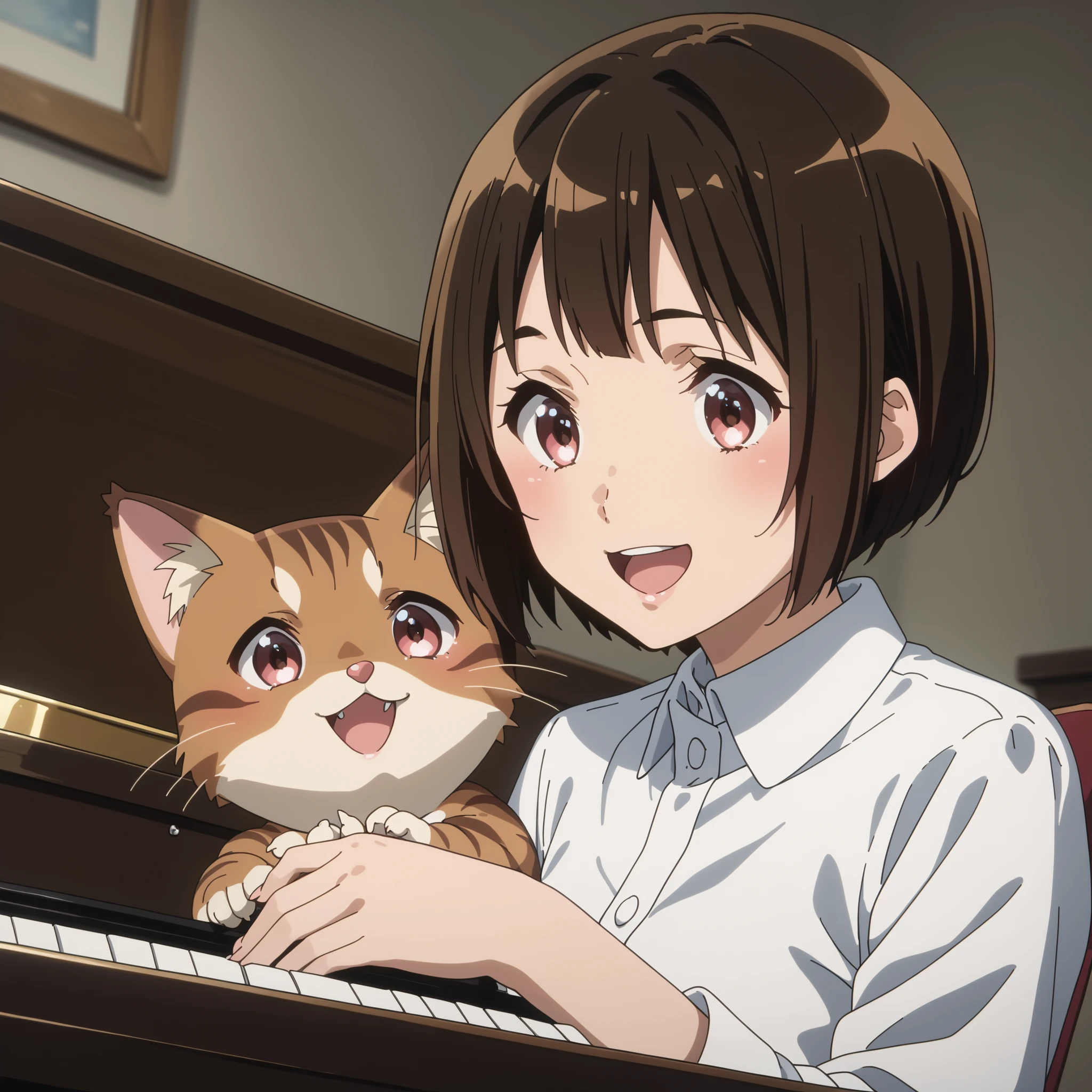 Brown tabby cat、short cut girl in dark hospital、 playing the piano、younger, Black-haired character , presumably children or teenagers , , Smile of joy, dynamically drawn , dark gray similar to cats and dogs, background full of stars. they have a white long sleeve shirt with brown accents and playful dark colored pants. characters、 is small, falling or flying towards the white animals , Holding hands at、has unique gray and black spots. the animals also appear to be falling or floating , wide, surprised eyes and slightly open mouths . big, is small星で飾られたものもある, occupy the top and right parts of the image , the overall mood is whimsical and adventurous , conveyed by the characters' facial expressions and poses .灰色のBrown tabby cat、short cut girl in dark hospital、she's in front of a grand piano、she's a piano recital、she's a piano instructor、she smiles with her adorable grey cat、she enjoys the piano、With both black pianos、