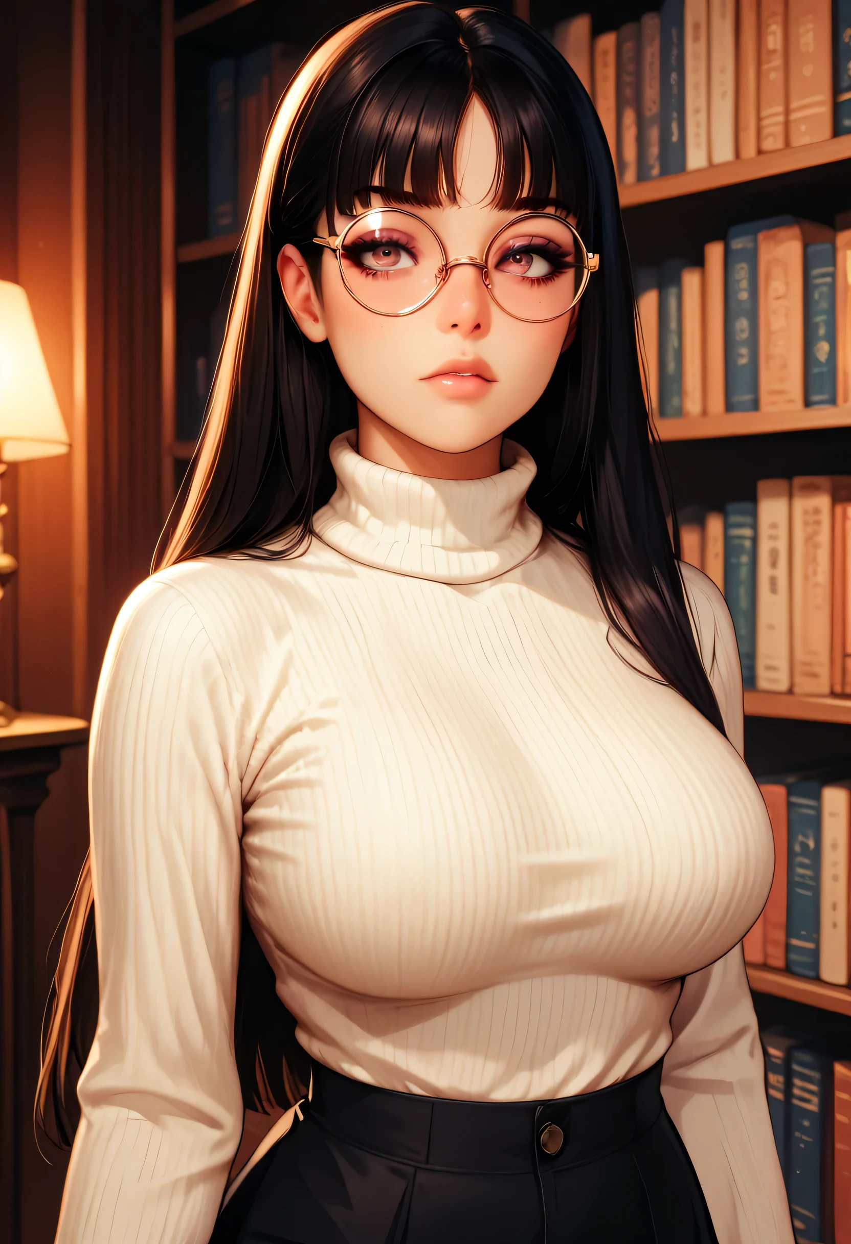 A tall, busty young woman wearing a tight knitted sweater, with extremely large breasts emphasized under the fabric. She has long black straight hair with bangs, and wears large round glasses. Her expression is serious but elegant. Soft lighting, standing in front of a bookshelf, scholarly atmosphere, ultra-detailed, anime-style illustration