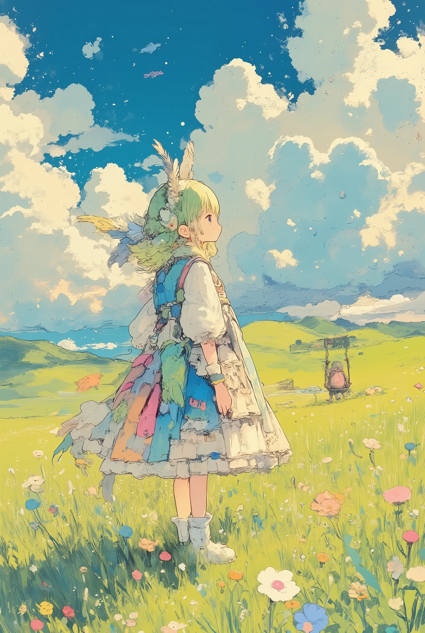 (masterpiece, best quality, ultra-detailed, 8k resolution),

1girl, solo, animal humanoid, kemonomimi,
bright and cheerful personality,
vibrant green hair with yellow and blue gradient tips, feather-like texture,
((small feathered wings on back, delicate feather accessories)),
holding a small bell,
wearing a colorful layered dress with feather patterns,
lively pose with one arm raised,
perch swing visible in background,

a girl in a side-facing pose, profile view, looking away from the viewer, her gaze directed toward the distant meadow, standing in a vast green field, expressive wind-swept grass, softly rolling hills, dramatic fluffy clouds in a deep blue sky, background with hand-painted textures, gentle warm sunlight, soft rim light on her silhouette, natural breeze moving her hair and clothing, serene and cinematic atmosphere,
wide-angle horizontal composition, panoramic landscape framing
