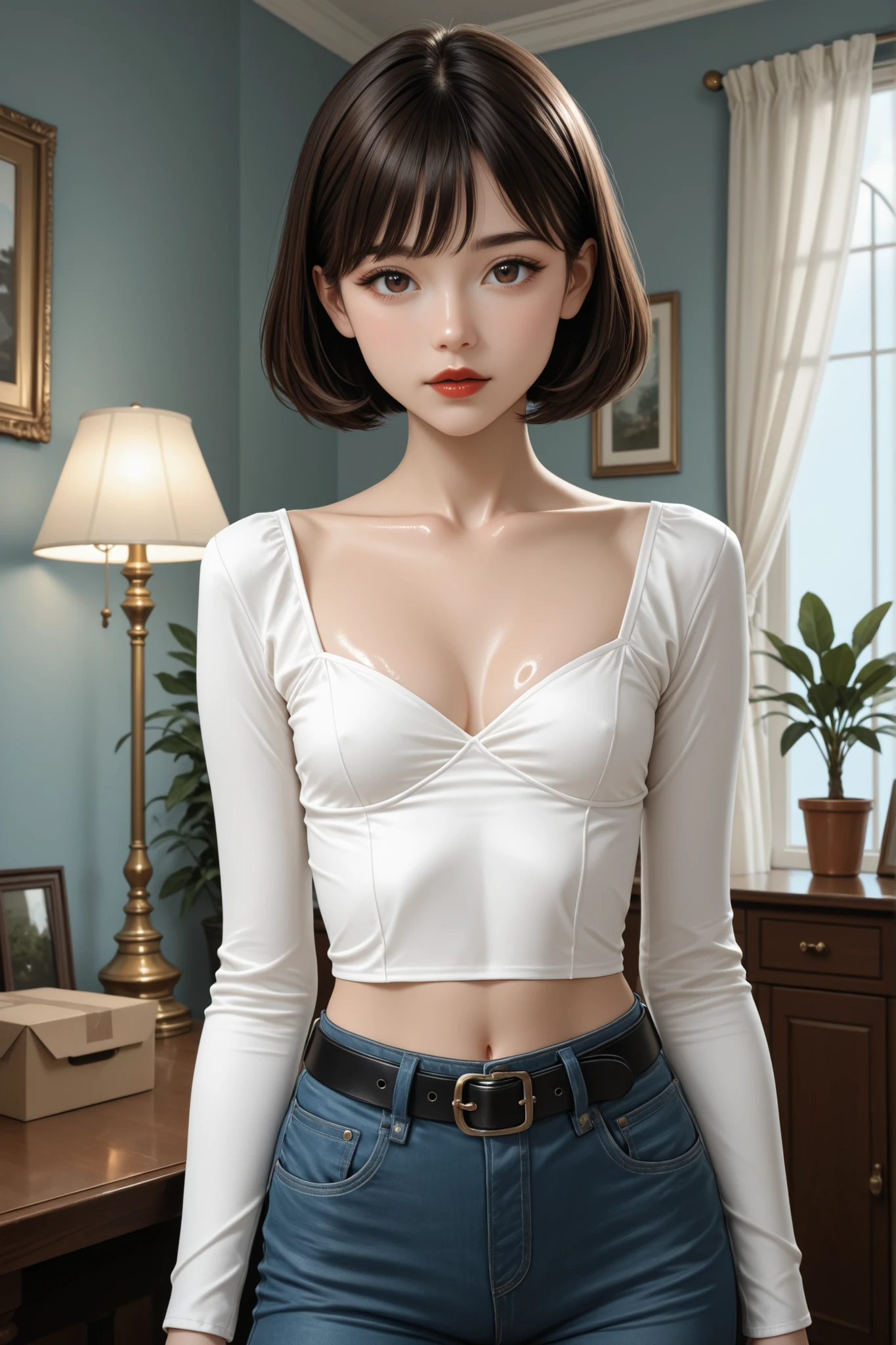 (Old Wall, Table With Box Pleat Empire Lamp Shade, White Curtains, Window With Blue Sky, Old Frame, Houseplant Jasmine, Sofas Chesterfield), Perfect Face, Perfect Body, Dark Brown, (Short Bob Hair), Black Thin Eyebrows, Brown Eyes, Red Lips, Perfect Lips, Old 18 Years, Young Girl, Collarbone, Cleavage, (Small Breasts), Small Waist, Normal Midriff, (White Blouse Long Sleeves), Standing, Black Belt, (Blue Denim Jeans Pants), Looking At Viewer, (Shiny Skin)