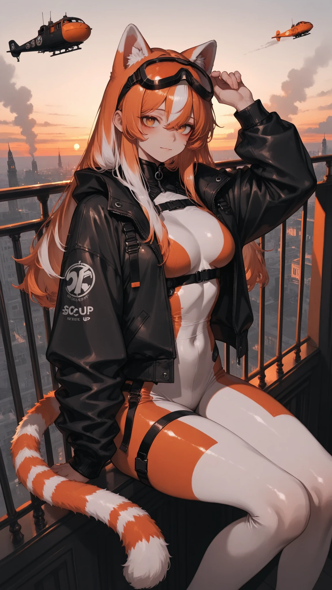 55 year old women, orange long hair, dark orange battle suit with a dark jacket.