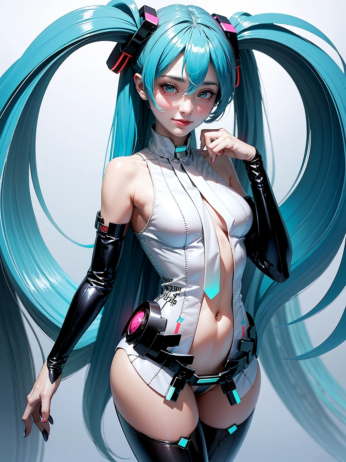 (quality)), ((masterpiece)), Recommended results、Puffy nipples、(see through:1.5)、straighten your back、abdominal muscles、huge bust、angle to floor:1.2、low camera angle、Hair loss on crotch，Hatsune Miku，the best, masterpiece, high resolution, the best Quality, ultra high definition, Super details, The award-winning, 16k, (Upper body), beautiful girl,  Hair, Hanging corners, White skin, (small), (slim), ((Full-face military biochemical protective clothing)), earrings, , (Short gloves as short as half the palm of your hand)