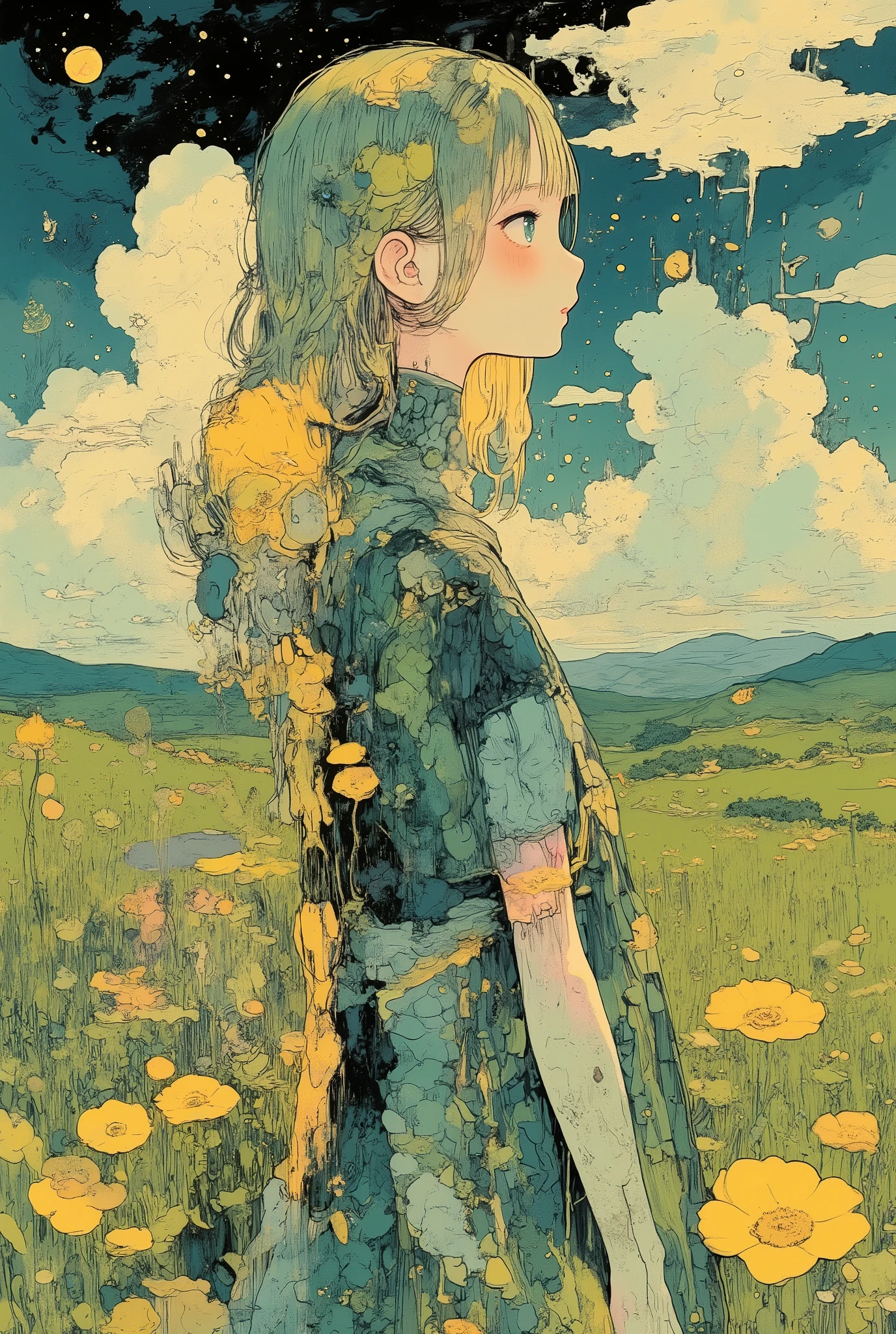 (masterpiece, best quality, ultra-detailed, 8k resolution),
1girl, solo, humanoid,
elegant and mysterious personality,
long straight hair with gradient from emerald to golden yellow, glossy texture,
((scale patterns on neck and arms, forked tongue accessory)),
holding a smooth stone,
wearing a form-fitting scaled dress,
sinuous S-curve pose,
terrarium glass reflection in background,
a girl in a side-facing pose, profile view, looking away from the viewer, her gaze directed toward the distant meadow, standing in a vast green field, expressive wind-swept grass, softly rolling hills, dramatic fluffy clouds in a deep blue sky, background with hand-painted textures, gentle warm sunlight, soft rim light on her silhouette, natural breeze moving her hair and clothing, serene and cinematic atmosphere,
wide-angle horizontal composition, panoramic landscape framing