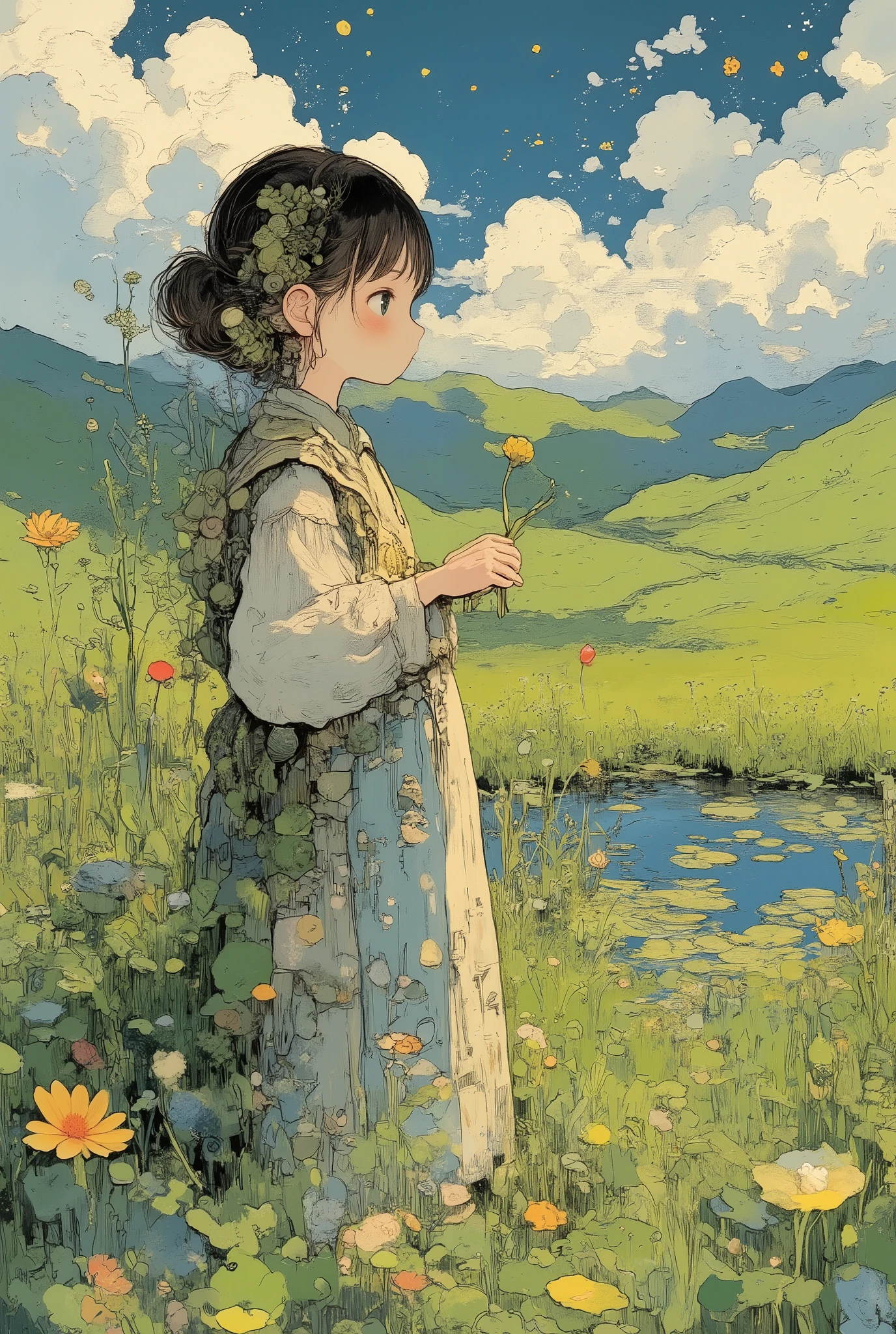 (masterpiece, best quality, ultra-detailed, 8k resolution),

1girl, solo, humanoid,
wise and calm personality,
dark green hair in a neat bun with brown undertones,
((shell-pattern back accessory, geometric shell motifs)),
holding a fresh leafy vegetable,
wearing an earth-toned dress with hexagonal patterns,
steady standing pose,
small pond with lily pads in background,

a girl in a side-facing pose, profile view, looking away from the viewer, her gaze directed toward the distant meadow, standing in a vast green field, expressive wind-swept grass, softly rolling hills, dramatic fluffy clouds in a deep blue sky, background with hand-painted textures, gentle warm sunlight, soft rim light on her silhouette, natural breeze moving her hair and clothing, serene and cinematic atmosphere,
wide-angle horizontal composition, panoramic landscape framing
