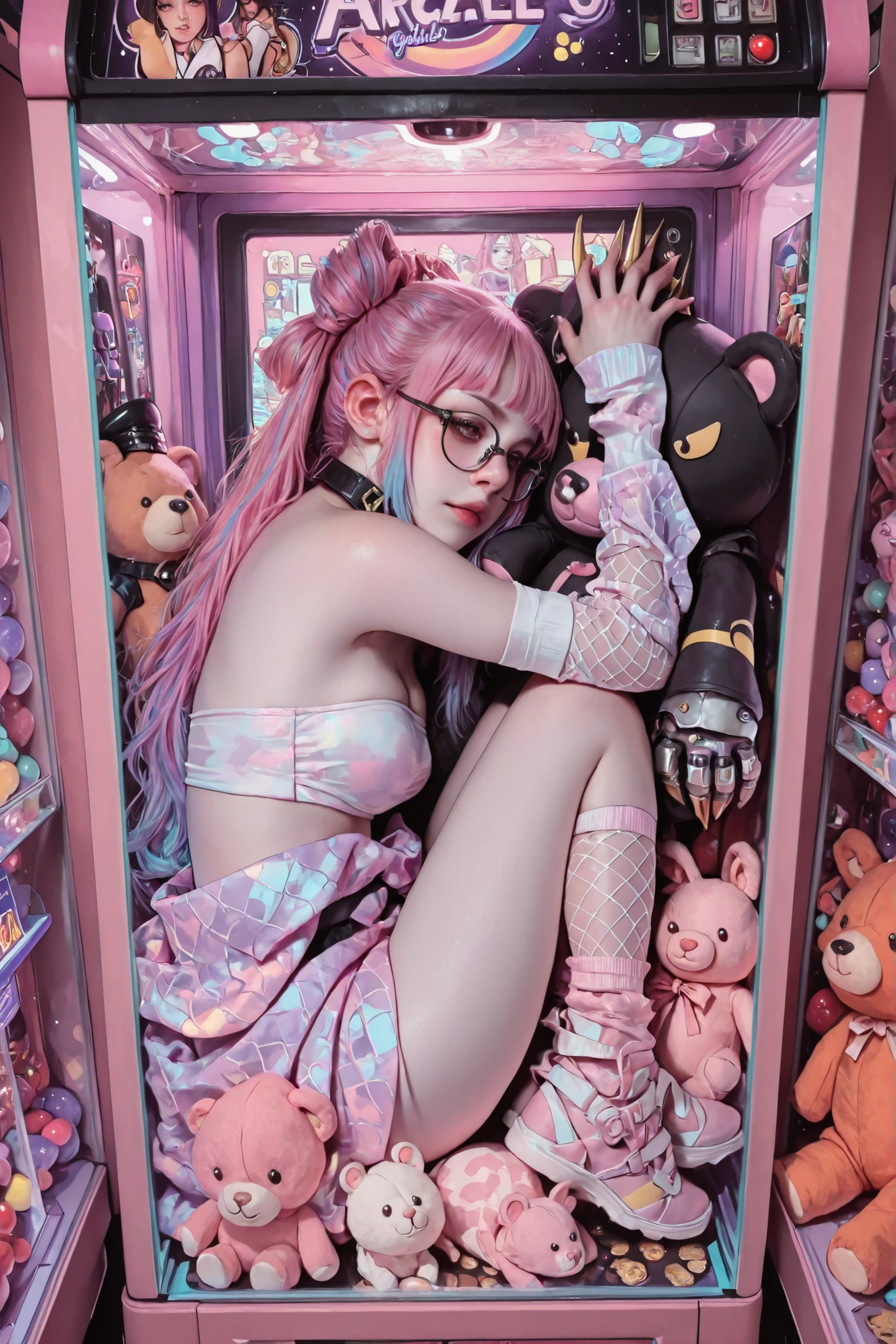 (((a girl in a claw machine cabinet, a girl curled up in a pile of stuffed animals, mechanical claw overhead, girl in glass prize case))), masterpiece, detailed_eyes, high_quality, best_quality, highres, absurdres, 8k, score_9, 1girl, young model, dimly lit arcade, arcade machines, rows of arcade cabinets, blacklight, ultraviolet glow, ((pale skin)), pastel pink hair, scene hairstyle, sweep-over hairstyle, hair with outward flips, pastel pink hair exterior, rainbow pastel inner hair dye, (long hair), slender body, narrow shoulders, medium breasts, large hipster glasses, large square glasses, ((dark gold eyes)), perfect eyes, ((e-girl)), (((arcade ticket stubs, ticket roll))), collar, neon colors, pastel colors, ((pixel fishnet, pink fishnet)), gambling den yukata, one arm in yukata sleeve, single arm out of sleeve, white bandage bandeau, erotic, leather cap, newsy cap, vaporwave, slutty, super detailed skin, (as109), Faustsketcher