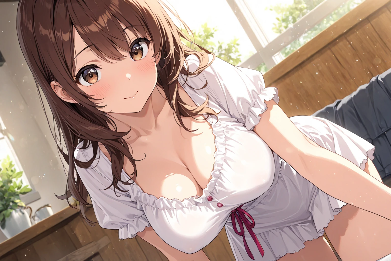 An image of an anime girl on a bed touching her excited  