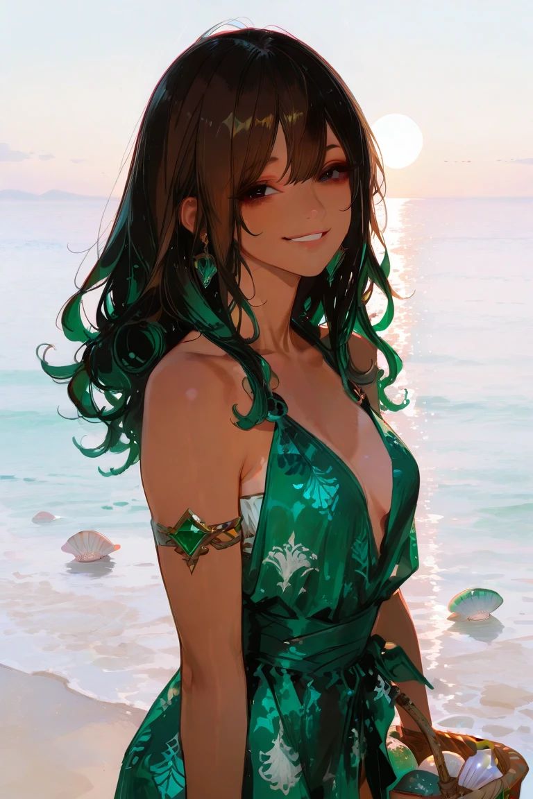 (best quality, masterpiece), close-up, portrait, 1 girl, solo, (red, long wavy hair), (emerald eyes), golden earrings, elegant necklace, (long party dress, green color with golden details) (sunset sea background)