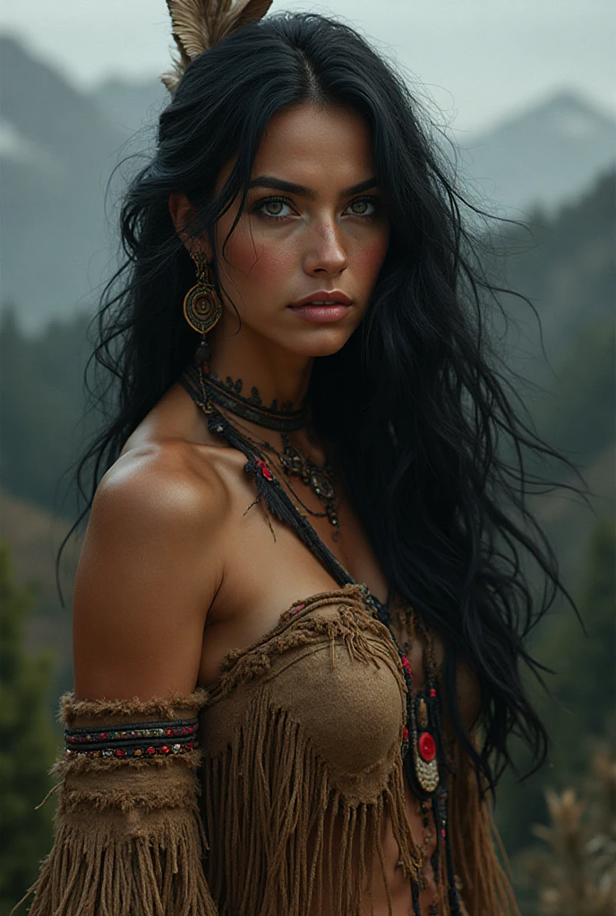 (Realistic:1.5), photorealistic, RAW photo, analog photo style, depth of field, ultra detailed photo of american indian woman, cute face, perfect body, dressed in minimal and clothing with native and futuristic elements, 20 years old, she tilted her head but looking to camera, in idillic foggy hollow, dinamic pose, in style of Luis Rojo, naturally cinematic colors