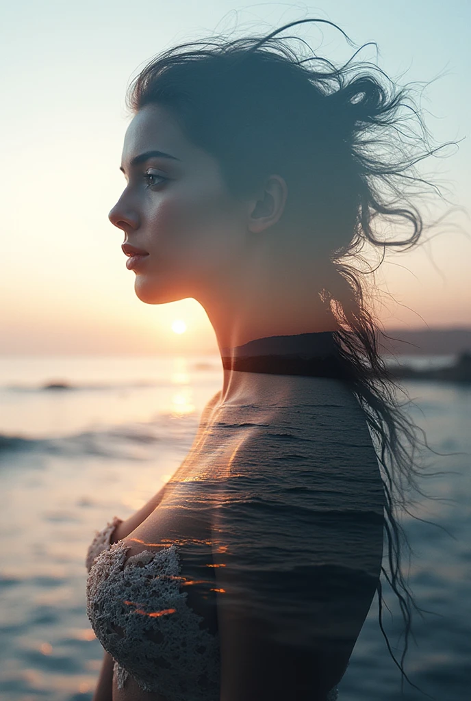 High Quality, 8K Ultra HD, Una hermosa double exposure que combina una silueta de diosa con la costa al atardecer, the coast at dusk should serve as a backdrop, with their details incorporated into the goddess, sharp lines, The background is monochrome, sharp focus, double exposure, By Yukisakura, stunning full color