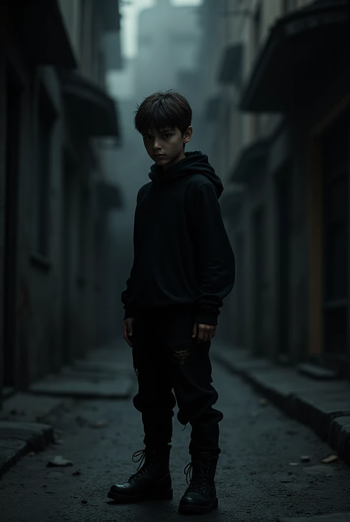 Generate a photo of a tall and a bit wide boy with dark hair and black jacket, from backside position. His face won’t shown and he will be real as much as possible. The filter will be a bit dark and he will be closer to camera. Make the photo real, aesthetic and cool. Not too much closer to camera and non part of his face will be shown