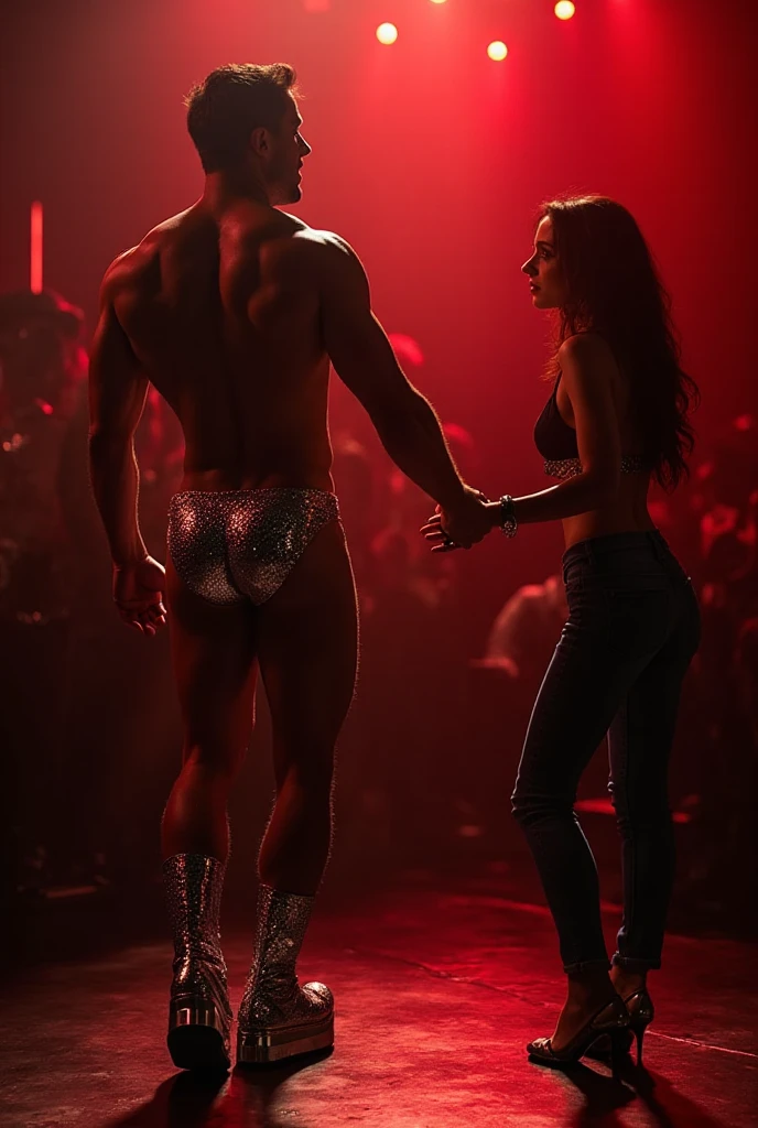 A young Puerto Rican man hairy bearded strong muscular red underwear bulge bulge, standing with his legs spread on top of a beautiful woman in red panties sitting on the floor below, having his underwear pulled down with his hands by the woman, in performance on a stage of a television program presented by a famous presenter.