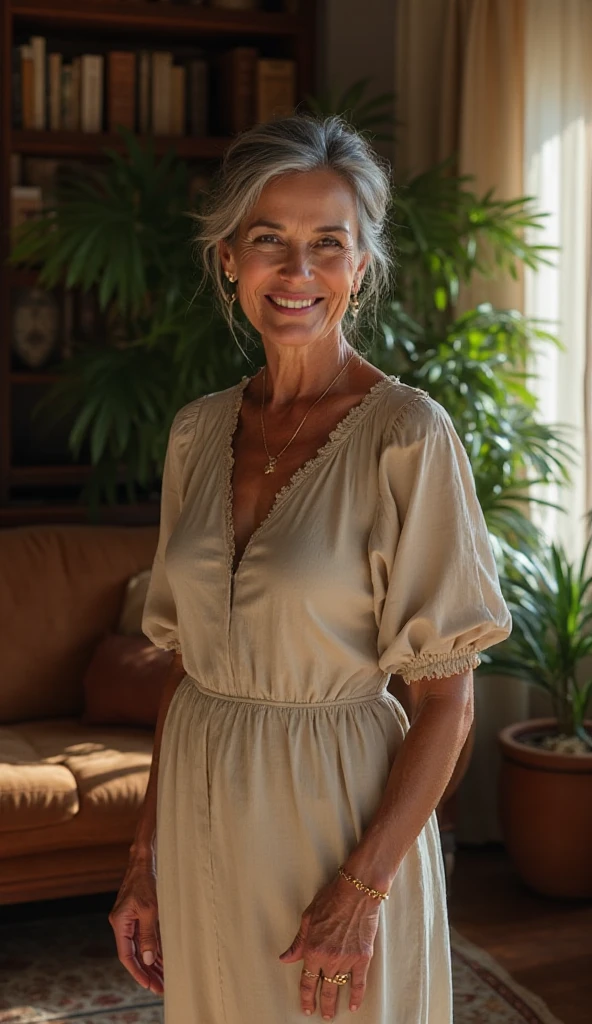 Dawn Zulueta, a solo photorealistic of Dawn Zulueta, Mature woman, (((45 years old woman))), (((Swedish brown eyes))), Swedish lips, Swedish high nose, (((with body and face wrinkle))), (((Swedish light blond long wavy curly blond hair))), (((In her minimalist tropical-themed living room, she sits seductively amidst an atmosphere of tranquility and natural beauty. The room is designed with clean lines, neutral colors, and an abundance of greenery, evoking a sense of calm reminiscent of a tropical retreat. Large windows frame a breathtaking view of a staircase, perhaps adorned with plants or featuring natural materials like wood and stone. The staircase leads to another level of the home, enhancing the feeling of openness and connection to the outdoors.))), (((she is wearing a horizontal stripe knitted coordinates, color white chunky Crop Cardigan; Color red kniited , The cardigan is open that  her breast))), Let your face light up with a wide smile, crinkling your eyes at the corners and showing off your teeth. Radiate happiness and warmth., (((dynamic pose)))