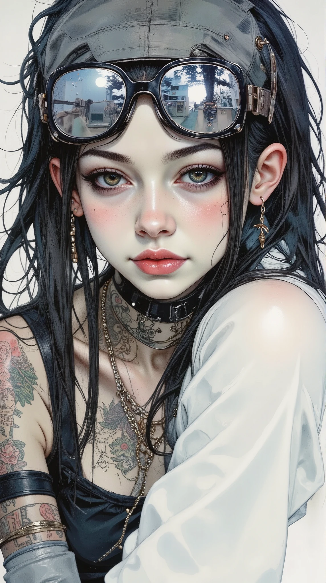 ((centered image, a close up of a woman with tattoos on her neck and face , Beautiful face of a cyberpunk girl , great arte digital with details, wears glasses you can see the reflection in the glasses of the glasses :1.5)), arte digital. very detailed , Detailed woman, full lips in the style of Angelina Jolie , Long false eyelashes , eye makeup blushed lips and cheeks , wears earrings all over the ear like piercings and has a ring embedded in the ovum of the ear, a piercing on the lips and nose , , Brandon Woelfel, tattooed face, tattoos and piercings, realistic arte digital 4k, realistic arte digital 4 k, tattoo style, cyberpunk art style, Girl with glasses , claroscuro, cinematic lighting, Optical illusion, HD, UHD, retina, masterpiece, Precise, Anatomically correct, textured leather, super detail, Tall details, High Quality, awarded , mejor calidad, Highres, 1080P, HD, 16K