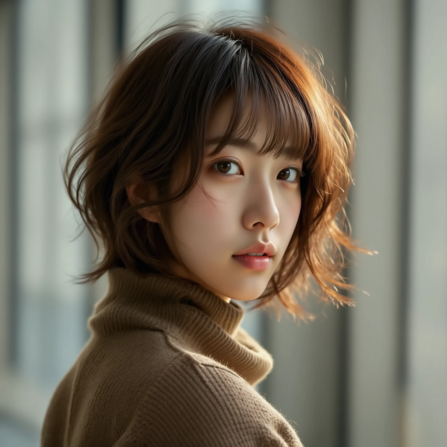 ((​masterpiece:1.4、top-quality))、(photographrealistic:1.4)、profetional lighting、physically-based renderingt,Cowboy Shot,Short hair、layers-Cut、A dark-haired、extra detailed face、Detailed skin、mole:0.3、(Women in Japan:1.05)、age 30s、thin bunches of bangs、knit、White Room、white walls、Bright lighting