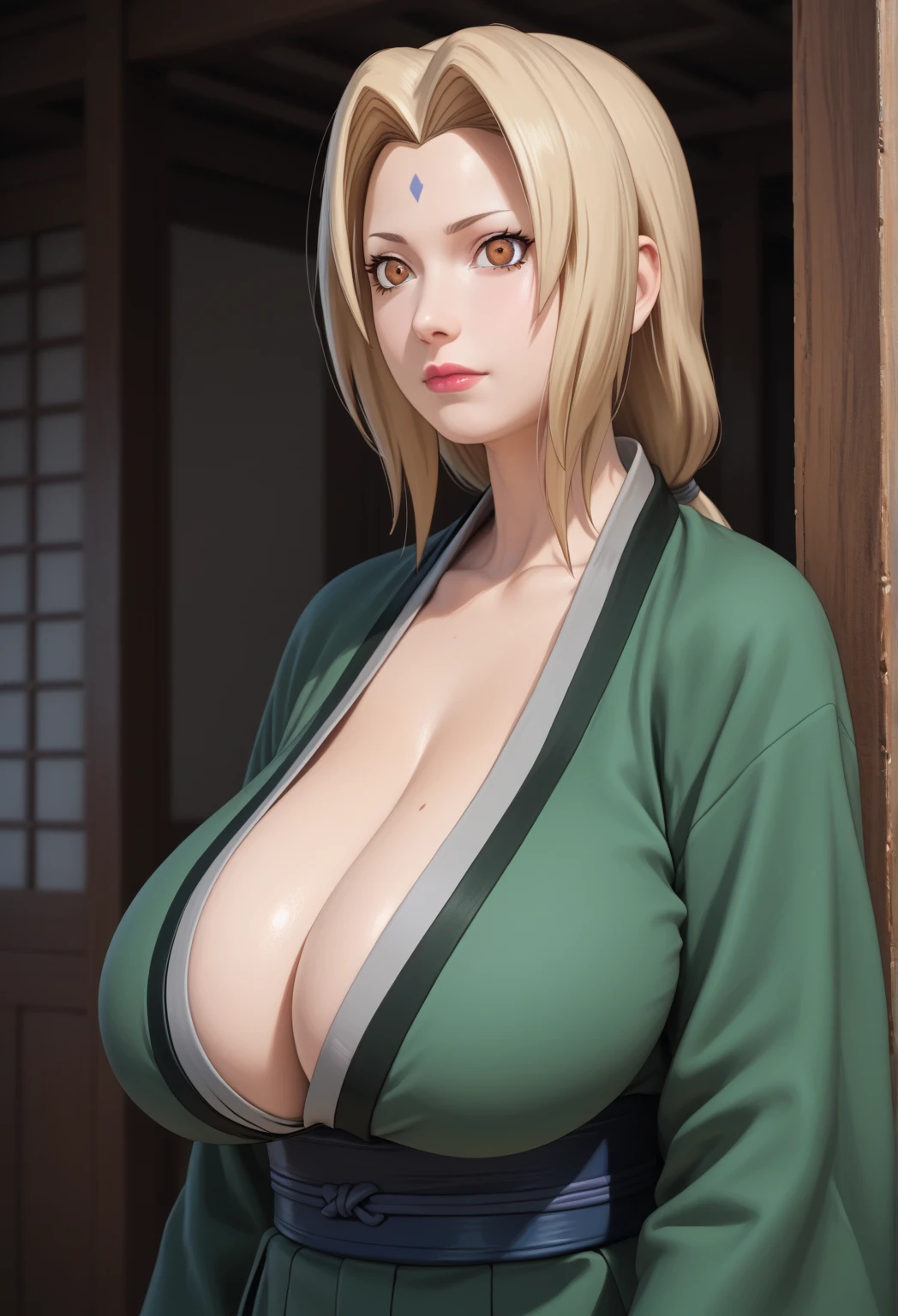 tsunade, large breasts, cleavage, collarbone,((tsun outfit)), (tsun jacket), (tsun necklace), mature woman, Seductive expression, looking at viewer, konohavillage, outdoors, daytime, (cowboy shot), (insanely detailed, beautiful detailed face, masterpiece, beautiful detailed eyes, best quality), huge breasts, ((seductive smile)), ultra high res,4K,ultra-detailed, photography, 8K, HDR, highres, (absurdres:1.2), Kodak portra 400, film grain, blurry background, (bokeh:1.2), lens flare, (vibrant_color:1.2),professional photograph, (beautiful_face:1.5), ,(((pov 1.3))),((((Breasts squeezed together)))),