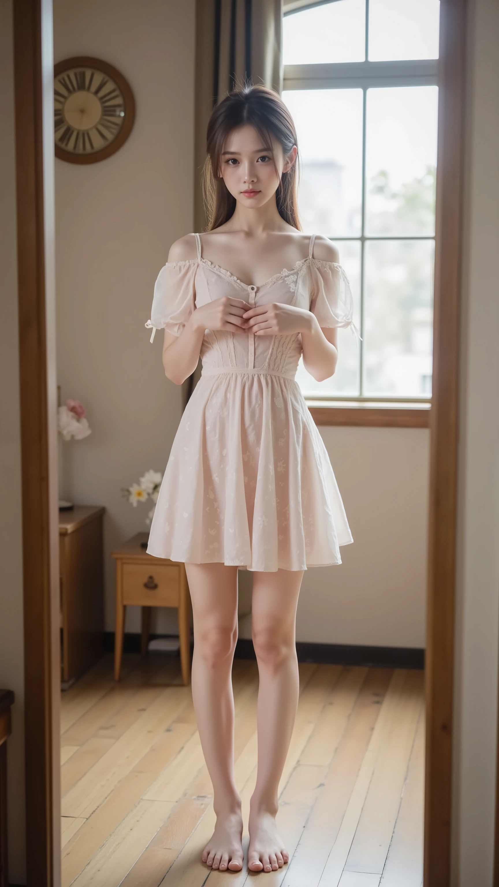 a woman in a white dress standing on a road in the fog, ghost of a young girl, young pale ghost, eerie person, beautiful with strange vibrations, haunting a beautiful young woman, mysterious and scary spiritual image, haunted and sad expression, chilling horror atmosphere, an ethereal image, eerie looking, strange vibrations, mysterious suspense aesthetics!!!!, Misterious girl, (tan, petite, child, , sd character:1.1), Detailed eyes, detailed face, PERSEPHONE, ((best qualityer)), ((work of art)), (detailded), face perfect, (SFW:1.5), (full body:1.8), (upper body up:0.3), (hyper realistic:1.4), (realistic:1.3), (best quality real texture skin), Detailed eyes" "detailed face, Ghost girl
