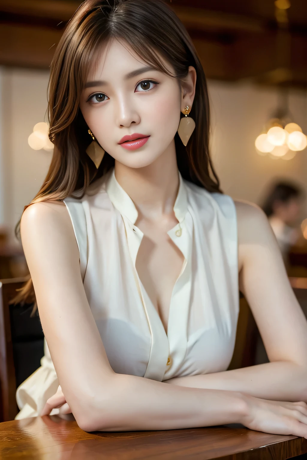 masterpiece, highest quality, Realistic, Very detailed, Finer details, High resolution, 8k wallpaper, One beautiful woman,Wear an elegant white see-through blouse, In a great restaurant, At night, Light brown messy hair, Perfect dynamic composition, Beautiful and beautiful eyes、Big earrings,Sleeveless shirt、