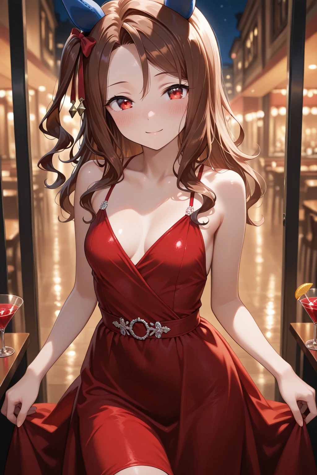 1 girl, alone, brown, long hair, breasts, looking at viewer, smile, bangs, brown hair, dress, jewelry, medium breasts, closed mouth, yellow eyes, red lips, standing, Red lips, blue dress,