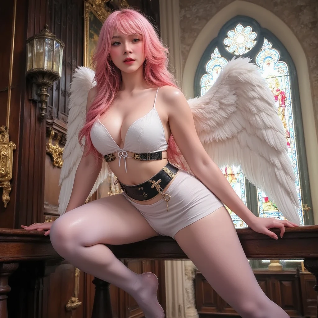 A young 15- yr old native European girl with lovely charminvg face,( pale skin texture masterpiece), (smiling with  teeth)(perfect full body detailed ), (Super accessories detailed), (meditating ), (perfect detailed glowing bright eyes),(short wavy illuminating  pink crystalized hair)，((expose big hard    ))( open showing  line)(( Wearing  illuminating costume of an angel))，holding a treasure knife (( illuminating different lights covering the sorrounding atmosphere)) Has beautiful large white wings, The character solemnly praying, 7 different perspective view of that same girl & face profile sheet character style 