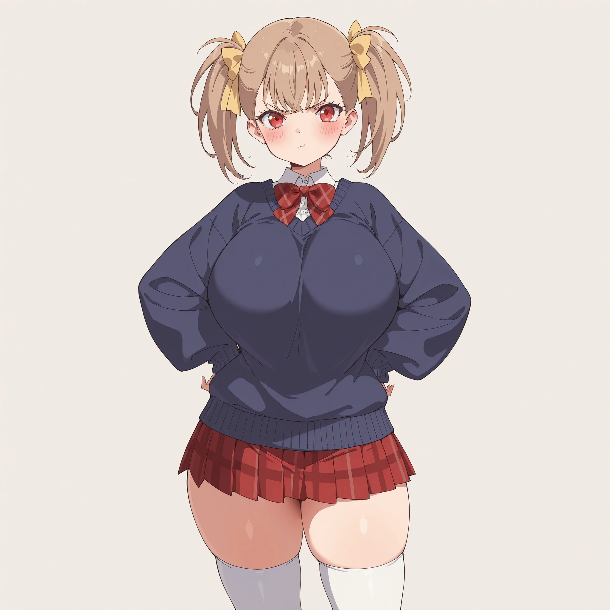 masterpiece, ultra-HD, impressionism, high detail, best quality, very aesthetic, 8K, best quality, beautiful, ultra-high resolution, 32K UHD, sharp focus, 1girl, solo, Rumi, light brown hair, twin pigtails, middle bangs, hair ribbons, yellow ribbons, red eyes, eyelashes, , narrow waist, wide , thick thighs, shapely legs, slim, white buttoned shirt, shirt collar, navy blue baggy sweater, red plaid bowtie, red plaid pleated skirt, white thigh high socks, blush, pout, angry, cute, hand on , standing, looking at the viewer, simple background, front view