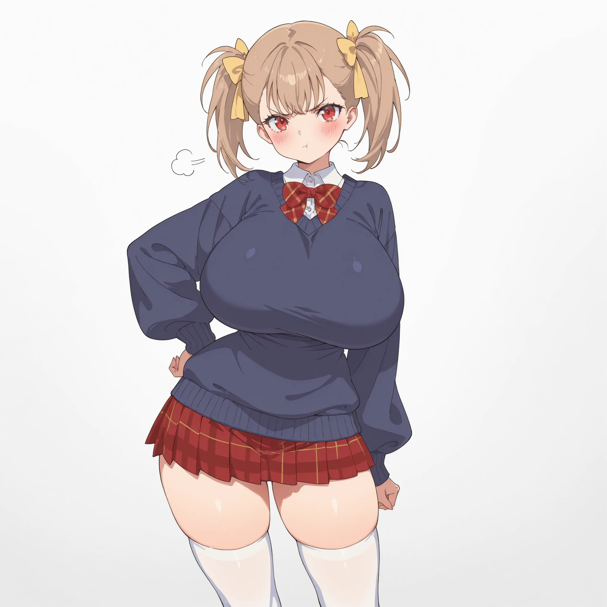 masterpiece, ultra-HD, impressionism, high detail, best quality, very aesthetic, 8K, best quality, beautiful, ultra-high resolution, 32K UHD, sharp focus, 1girl, solo, Rumi, light brown hair, twin pigtails, middle bangs, hair ribbons, yellow ribbons, red eyes, eyelashes, , narrow waist, wide , thick thighs, shapely legs, slim, white buttoned shirt, shirt collar, navy blue baggy sweater, red plaid bowtie, red plaid pleated skirt, white thigh high socks, blush, pout, angry, cute, hand on , standing, looking at the viewer, simple background, front view