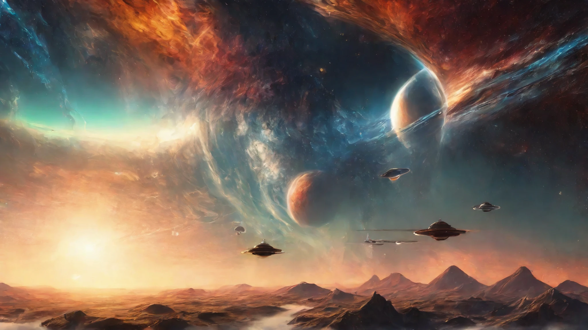 Move between constellations, Breathtaking space landscapes, interstellar colonization, Giant futuristic spaceships, smooth, advanced spacecraft, The magnificent space of the station, orbiting alien planets, Lush extraterrestrial landscapes, Floating cities with neon structures, Terraformers, forming new worlds, Astronauts in high-tech suits, Glowing aliens plants, waterfalls, flowing under binary stars, Glowing nebulae in the sky, Planetary rings, stretching on the horizon, Fantastic utopias, a harmonious combination of technology and nature, Surrealistic, amazing atmosphere, Cinematic Lights, ultra detailed, super realistic, resolution 8k