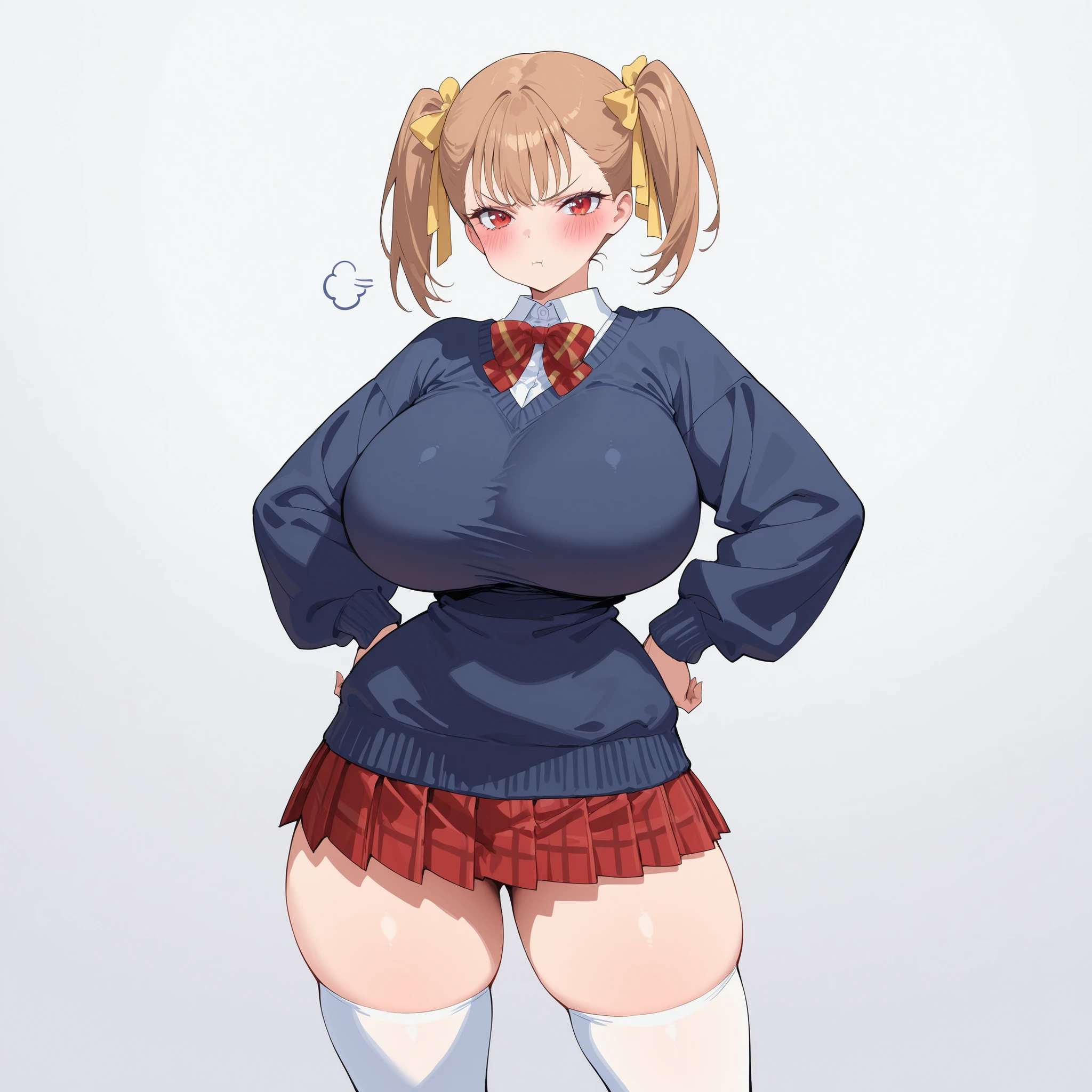 masterpiece, ultra-HD, impressionism, high detail, best quality, very aesthetic, 8K, best quality, beautiful, ultra-high resolution, 32K UHD, sharp focus, 1girl, solo, Rumi, light brown hair, twin pigtails, middle bangs, hair ribbons, yellow ribbons, red eyes, eyelashes, , narrow waist, wide , thick thighs, shapely legs, slim, white buttoned shirt, shirt collar, navy blue baggy sweater, red plaid bowtie, red plaid pleated skirt, white thigh high socks, blush, pout, angry, cute, hand on , standing, looking at the viewer, simple background, front view