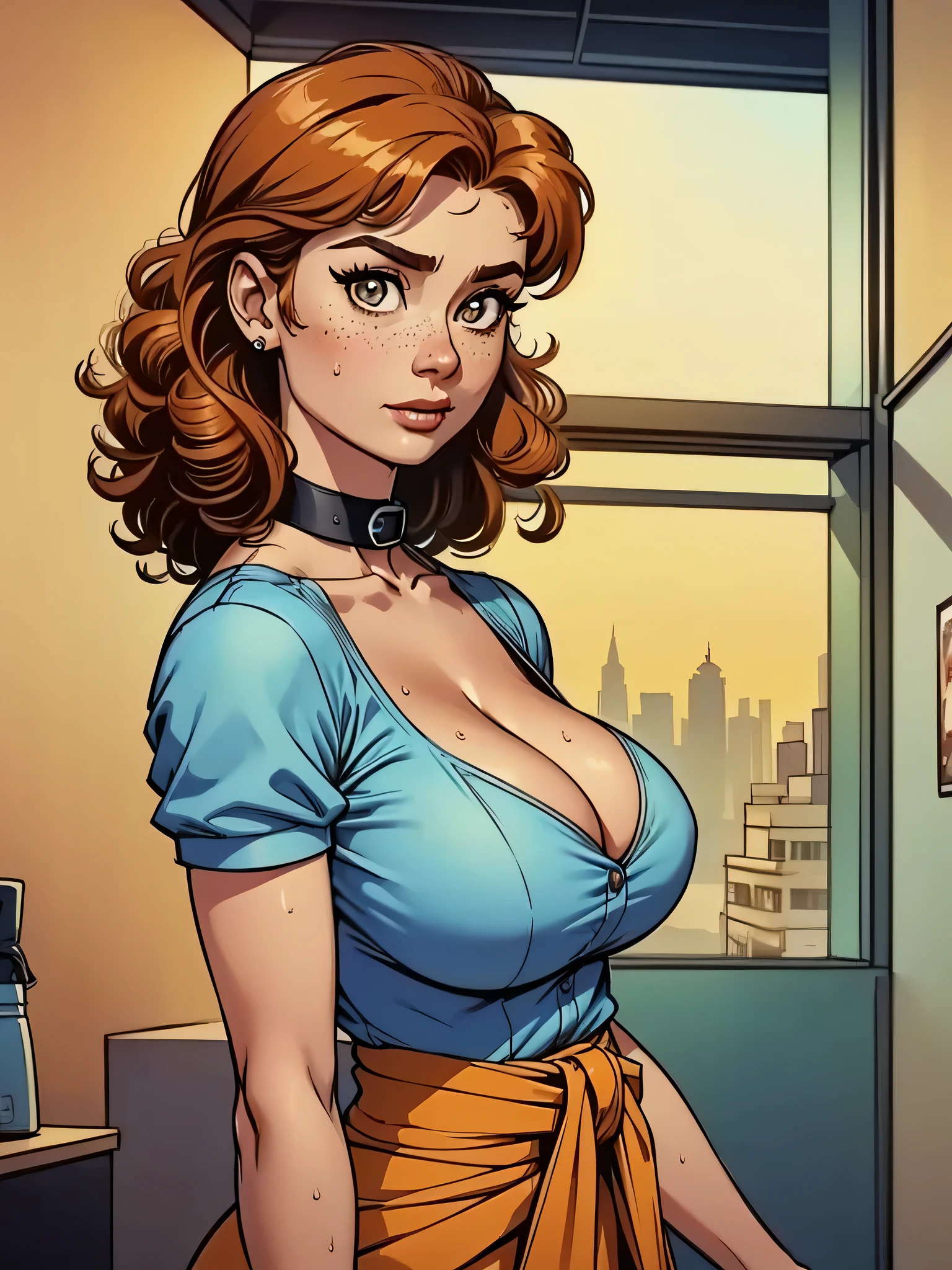 1girl, short busty petite brunette comic book woman, gorgeous face, masterpiece, beautiful, high quality, high definition, superb quality, highly detailed, insane detail, hands on hips, happy, smiling, sexy pose, hand on hip, long hair, huge ponytail, slim, thin, athletic, womanly, rubbery, elastic woman, (modest jacket and tank top, olive-colored jacket, blue jeans, do-rag, do rag, tight tank top), rubber body, brunette, (((cleavage window, large breasts, big boobs, slim waist, overflowing breasts, too big for her top))), city, soft lighting, natural lighting, natural color, heroic, cheerful, (bold nose, hawkish  features),