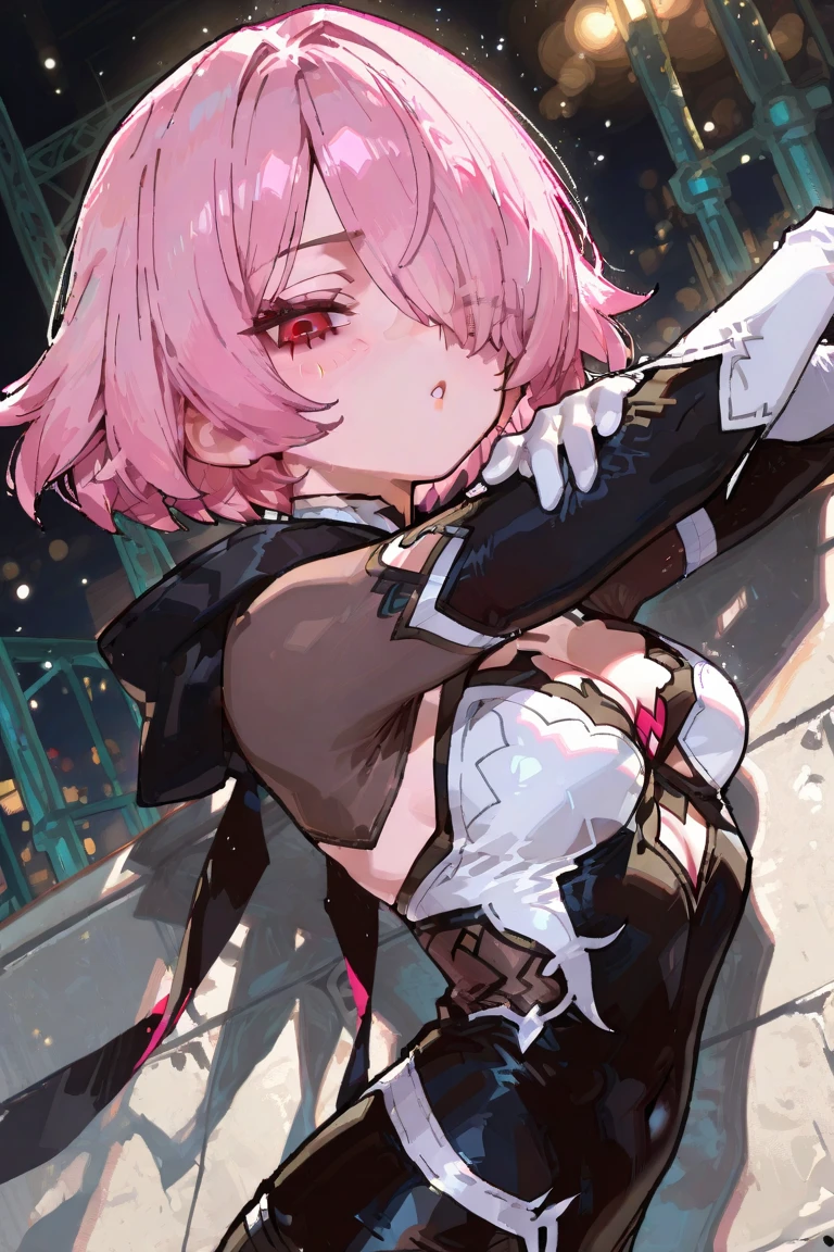 (masterpiece, highest quality:1.2), 1 girl, alone,Are standing_Split, 1girl, solo, full body, volumetric lighting, raven, 1girl, solo, blush, short hair, purple eyes, purple hair, cape, colored skin, anger vein, grey skin, forehead jewel