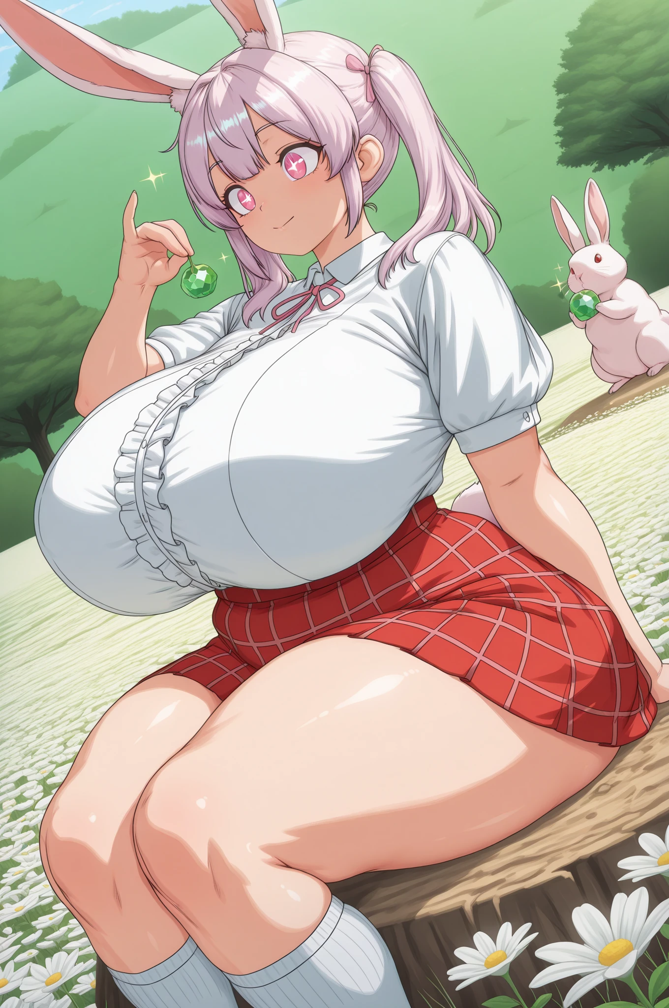 masterpiece, Highest quality, de whitney, Pink Eyes, hair ornaments, ???????, (show ?????:1.3), (Very large saggy ???????:1.5), Conceit, View your viewers, Squat, Leg spread, Striped socks, sneakers, Cowbell, Nose Piercing, Ranch, wood, Grass, ????,  (??????????? spurting:1.5)