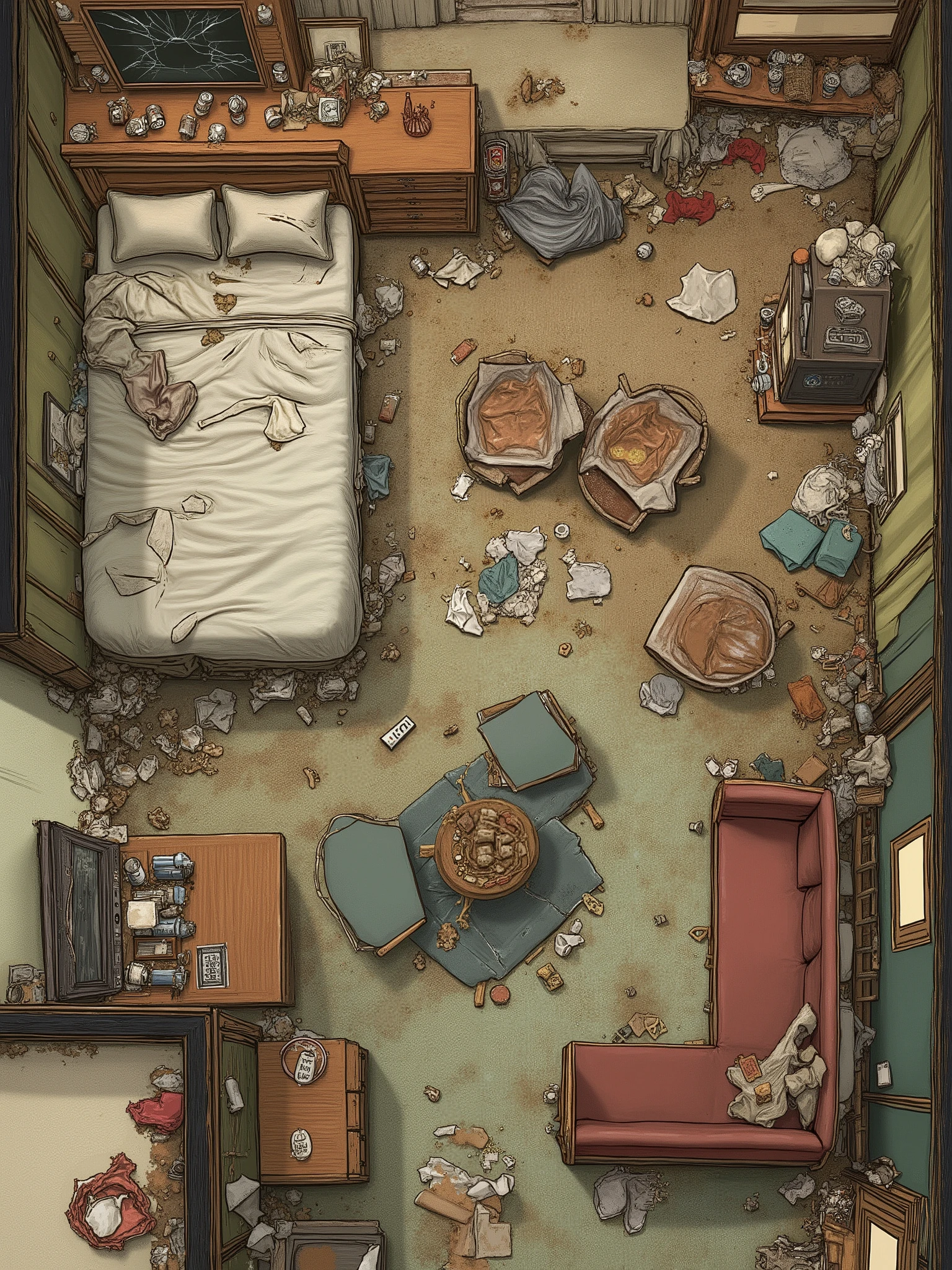 Dnd_maps,Top-down view of a ransacked modern hotel room, rendered in a style reminiscent of a hand-drawn map for a tabletop role-playing game. The sheets on the bed and rumpled and stained from beer, there is garbage strewn about and the chairs, desk, nightstand and couch are broken and in pieces. The television screen is cracked. There are rumpled and wrinkled clothes scattered around the room. There are empty beer cans piled. The view is overhead and isometric.