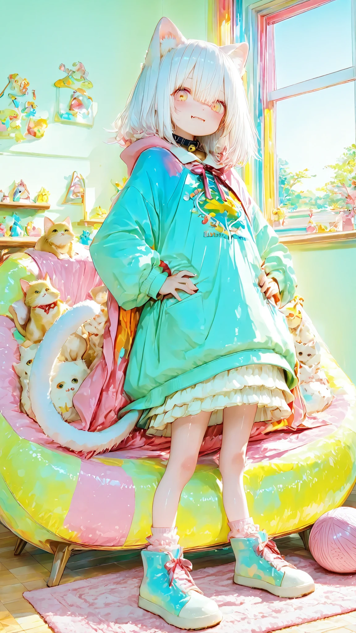 masterpiece, 8k, top quality, detail, High Resolution, Digital Painting, ultra detail, (detailed eyes:1.2), (sharp eye:1.1), (smooth skin in front of my sister:1.1), (glossy skin:1.2), anime girl with cat ears and tail, playful pose, Chasing a ball of yarn, fluffy white hair, Golden Cat Eyes , small fangs, hand in a sweater that is too big, Bell Color, pastel, cozy living room, sunlight shining through a window, cute and innocent expression, detailed lighting, soft atmosphere